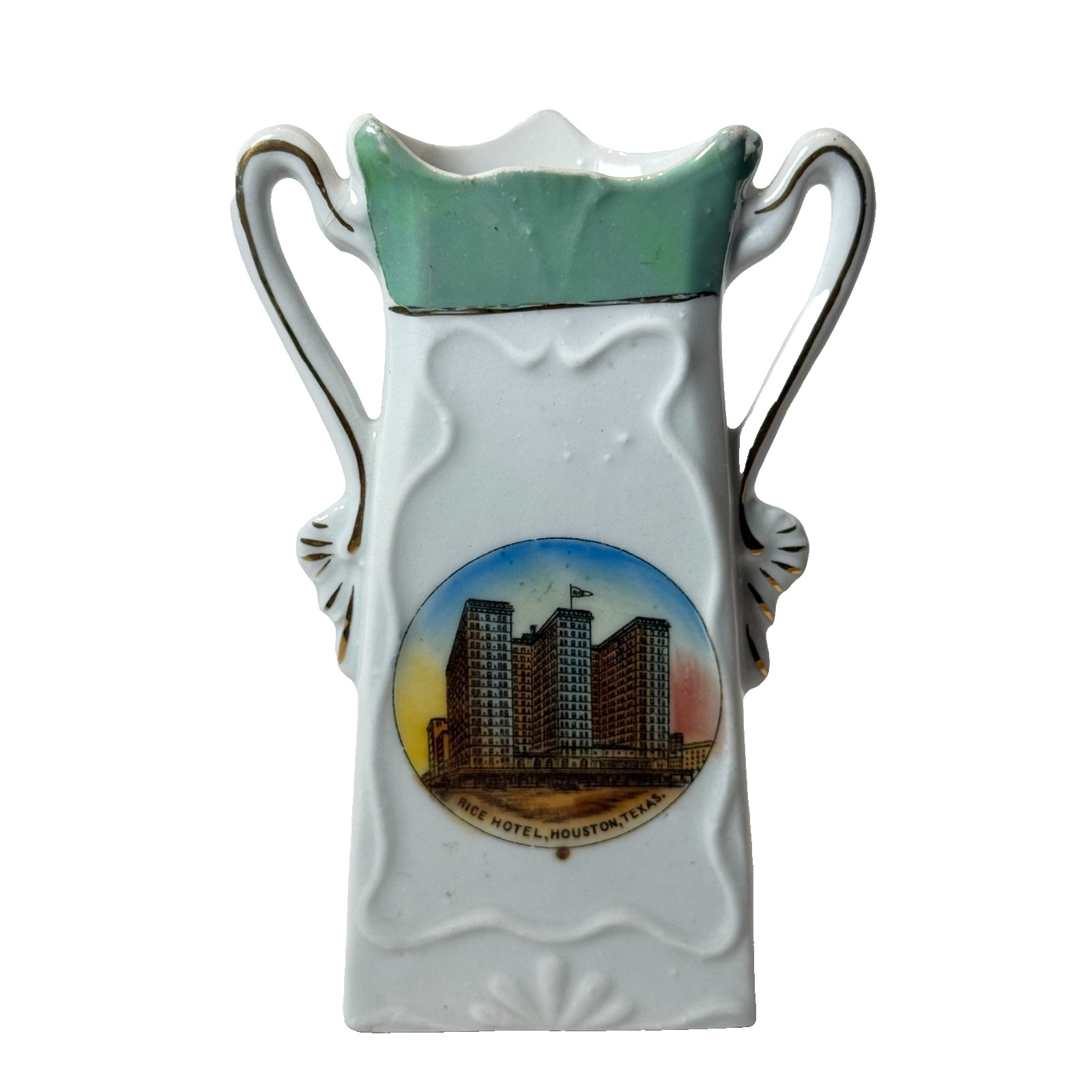 HOUSTON Rice Hotel TX TEXAS ANTIQUE Souvenir CHINA TRINKET VASE