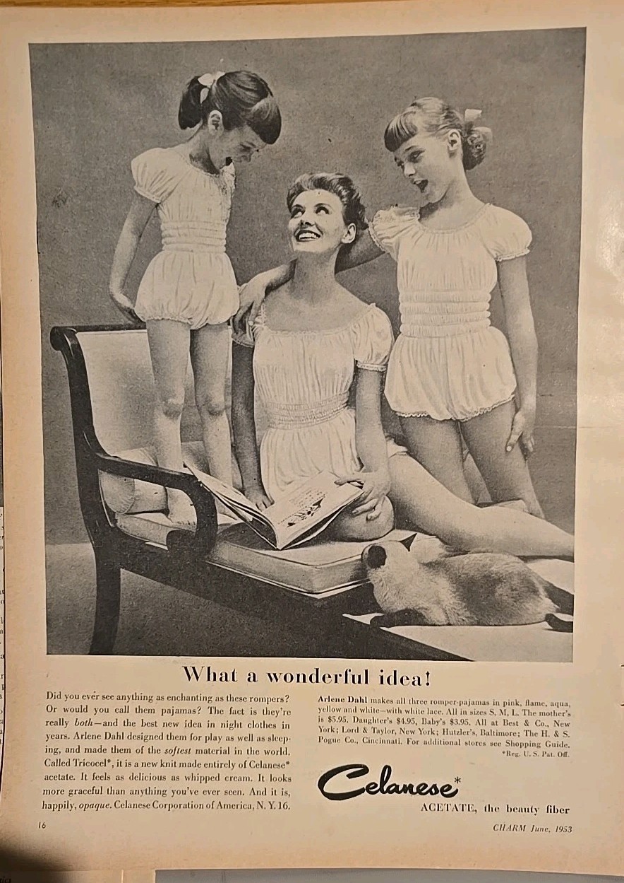 1943 Women\'s  Little Girls Celanese Romper pajamas by Arlene Dahl vintage ad 