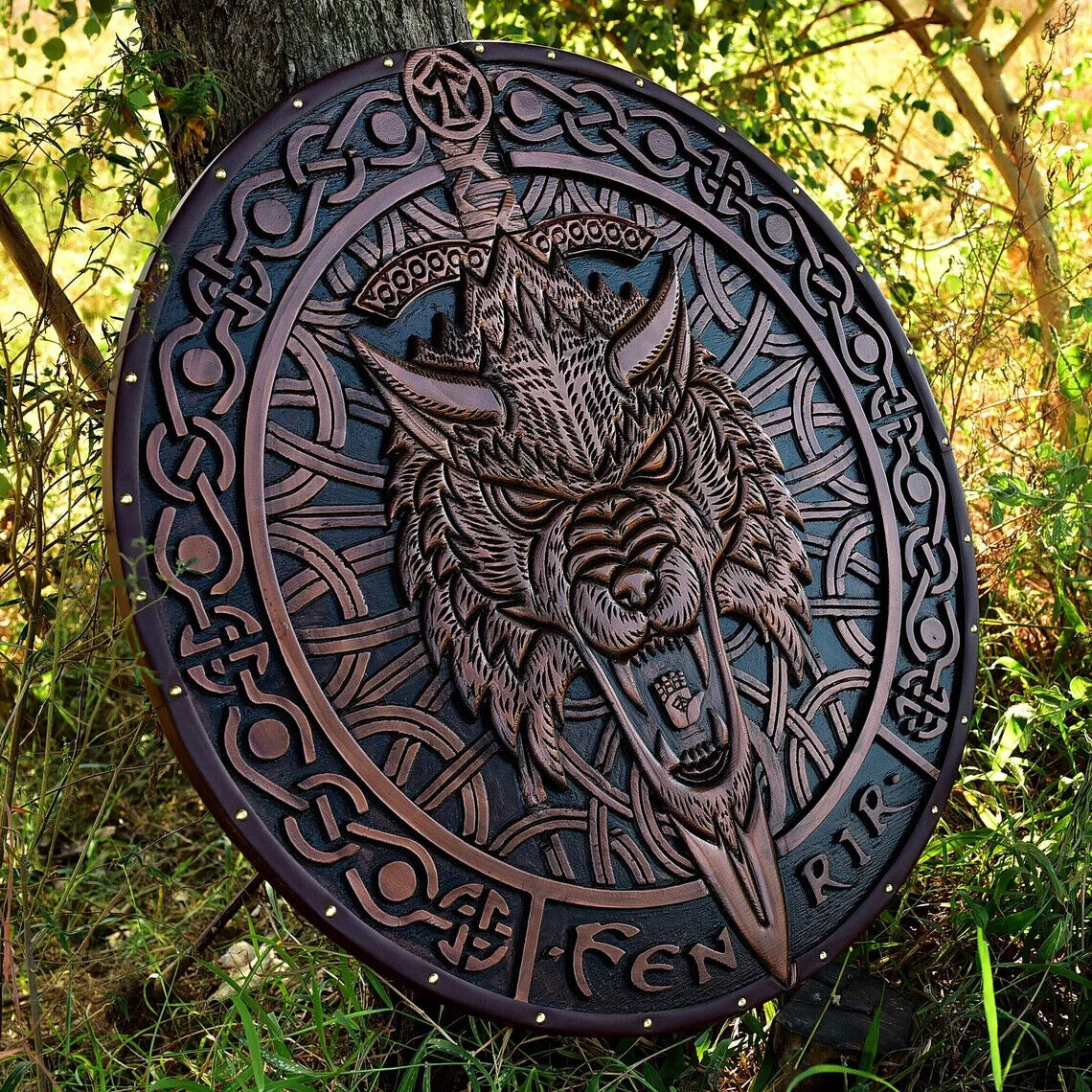 Handmade Medieval Viking Shield, Fenrir Wood Carved Viking Gifts, Viking Wall