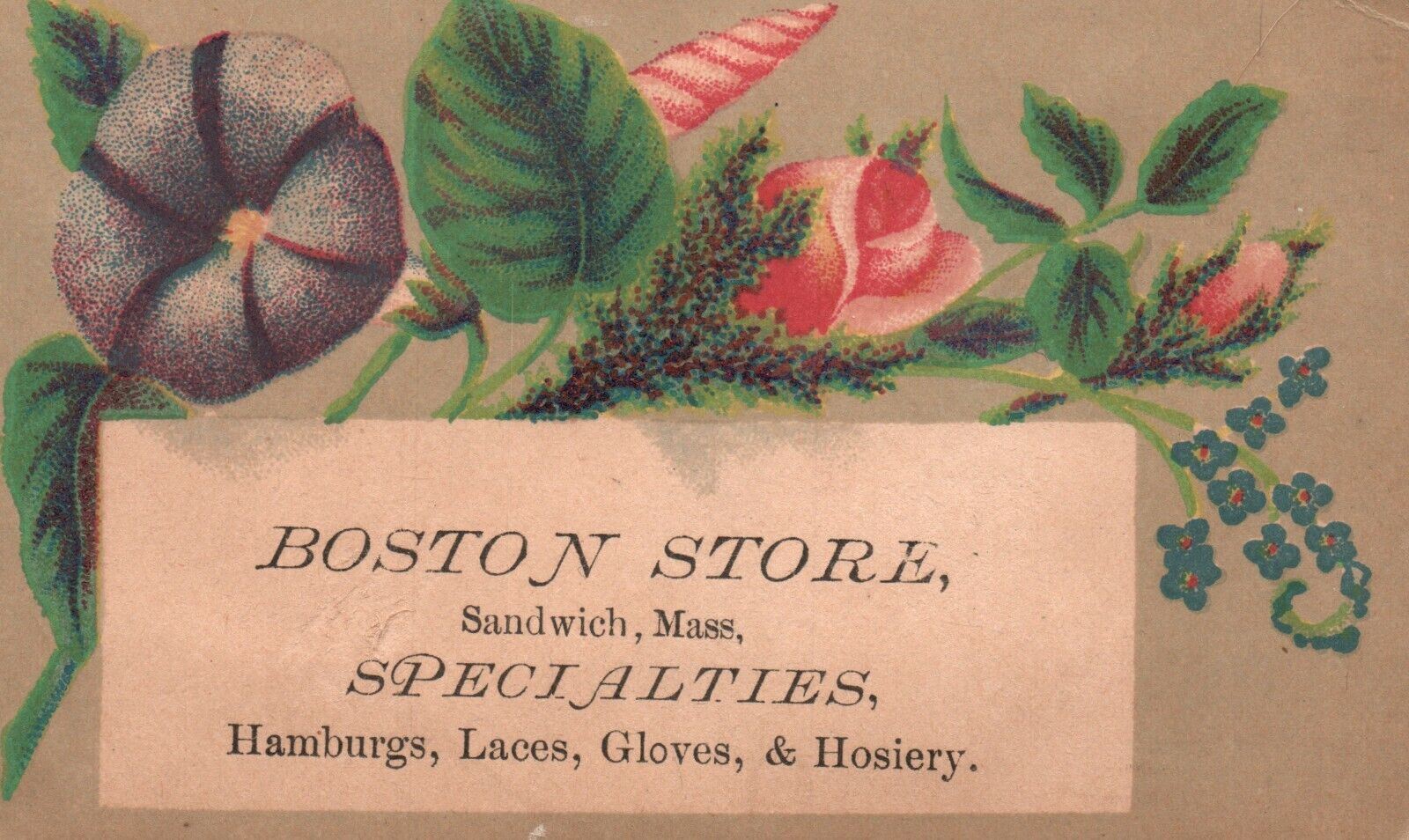 1880s-90s Pink Roses Boston Store Sandwich MA Laces Hamburgs Gloves Trade Card 1880s-90s Pink Roses Boston Store Sandwich MA Laces Hamburgs Gloves Trade Card