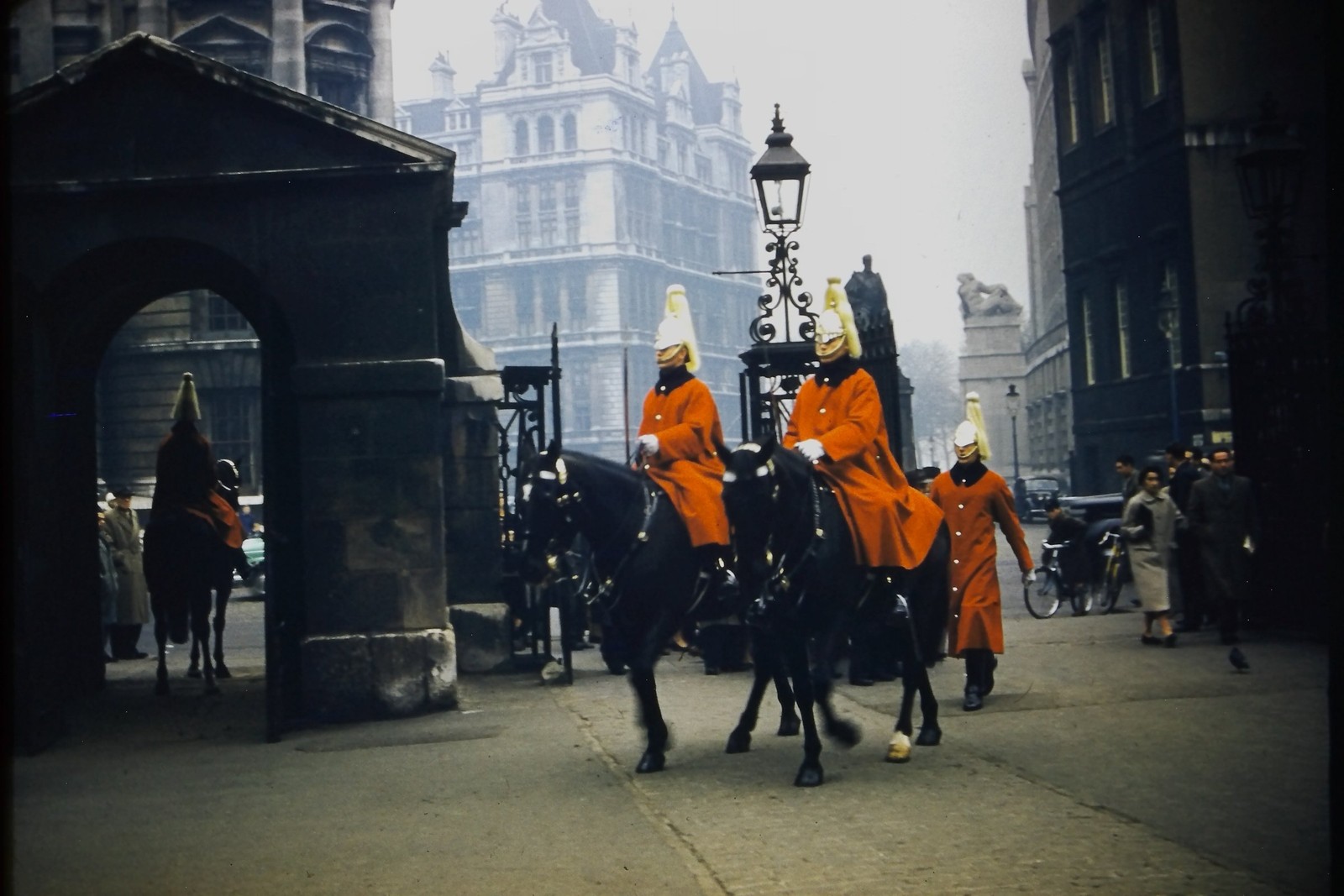 c1950\'s Kodachrome 35mm Slide, Life Guards London, Horse Parade British red