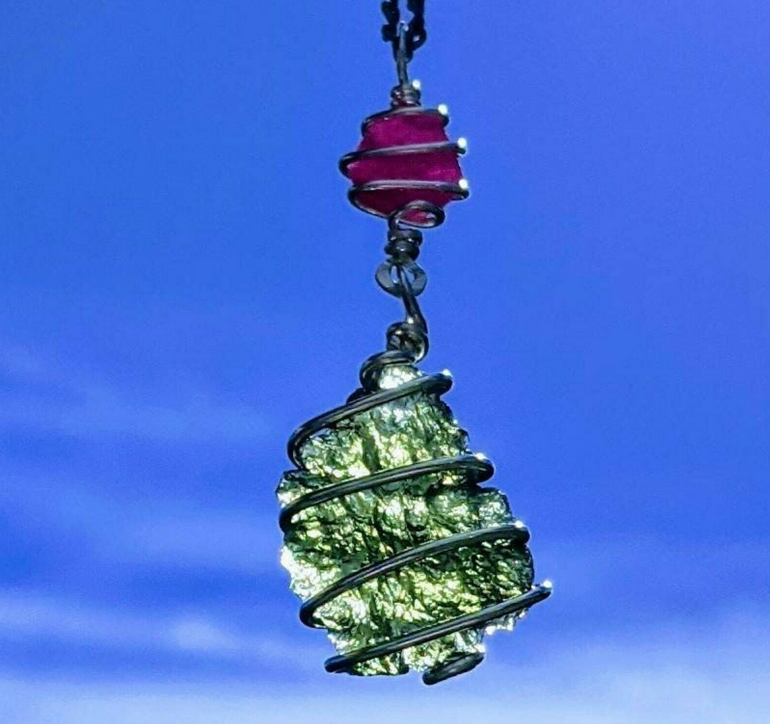 MOLDAVITE & RUBY Necklace Sterling Silver Pendant Genuine Crystal Certificate