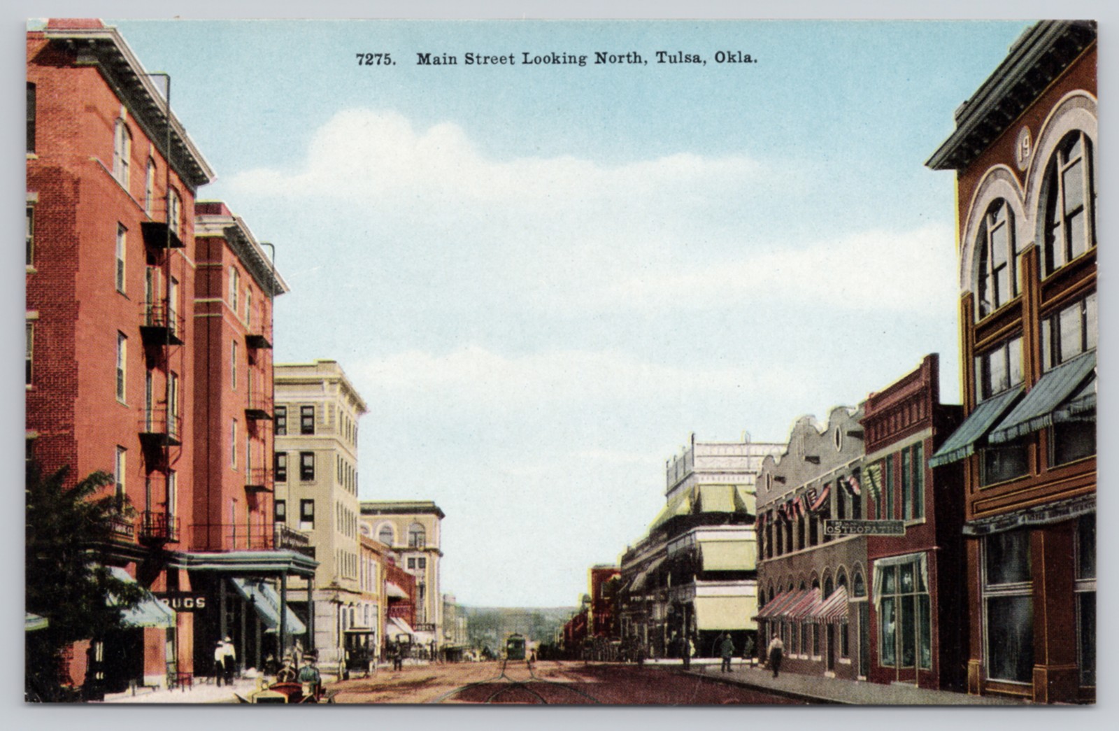 Tulsa Oklahoma Main Street Looking North Trolley Cars Antique Postcard