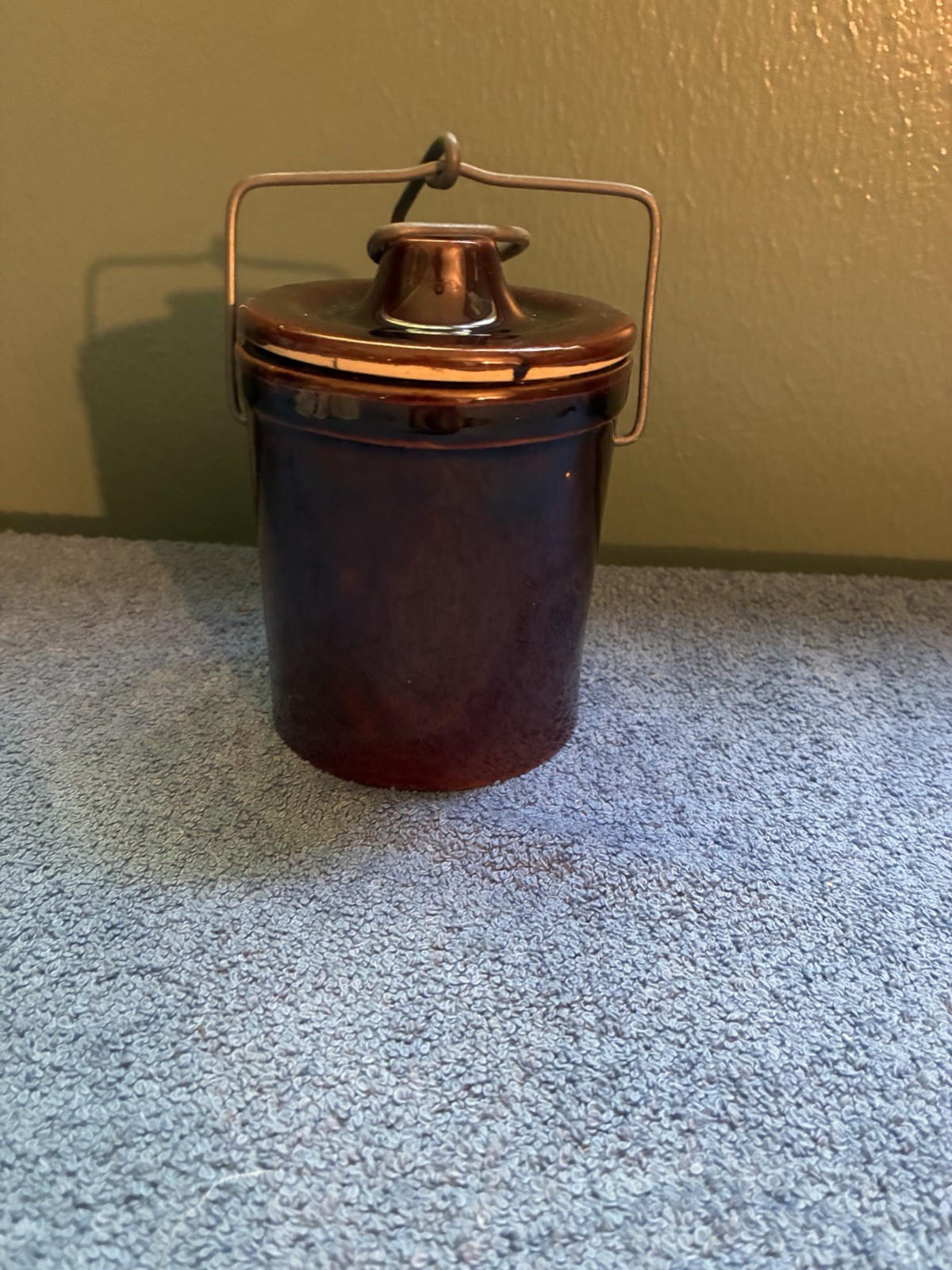 Vtg Brown Stoneware Wax Sealer Fruit Jar Crock Wire Bail Lid RRP Co No 100