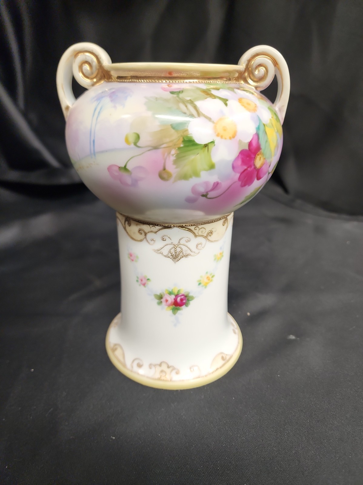 Vtg Nippon Pedestal Urn Vase Hand Painted Porcelain Gilt Gold Floral Rose Japan