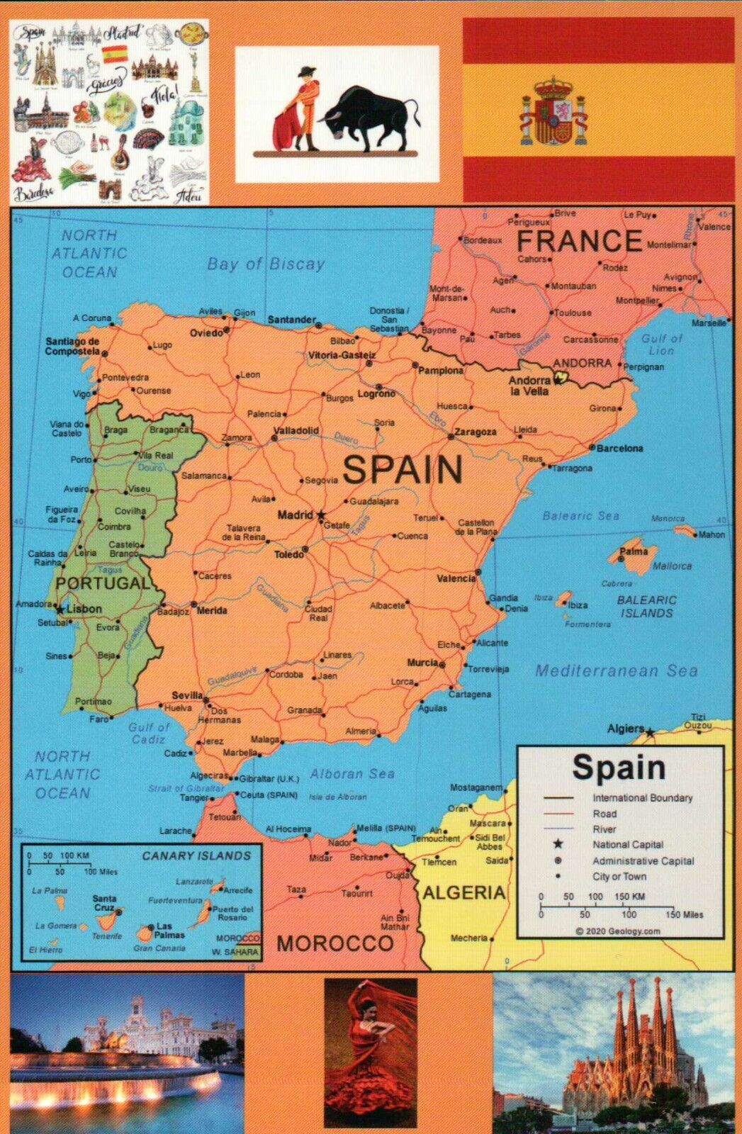 Map of Spain, Flag, Flamenco, Bull Fighting, Madrid Barcelona etc. ---  Postcard
