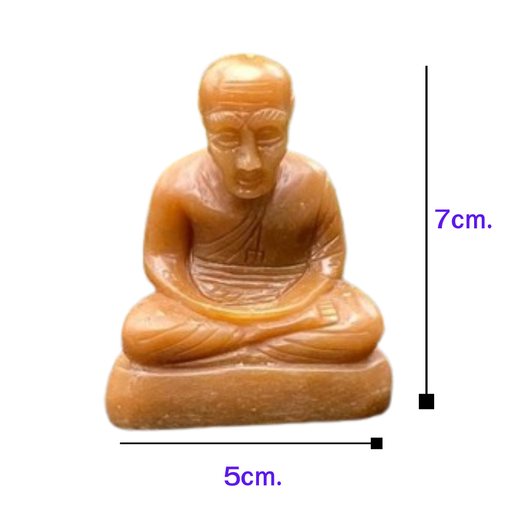 Luang Pu Thuat carved on Chalcedony stone. Natural soft honey jade, height 7cm.
