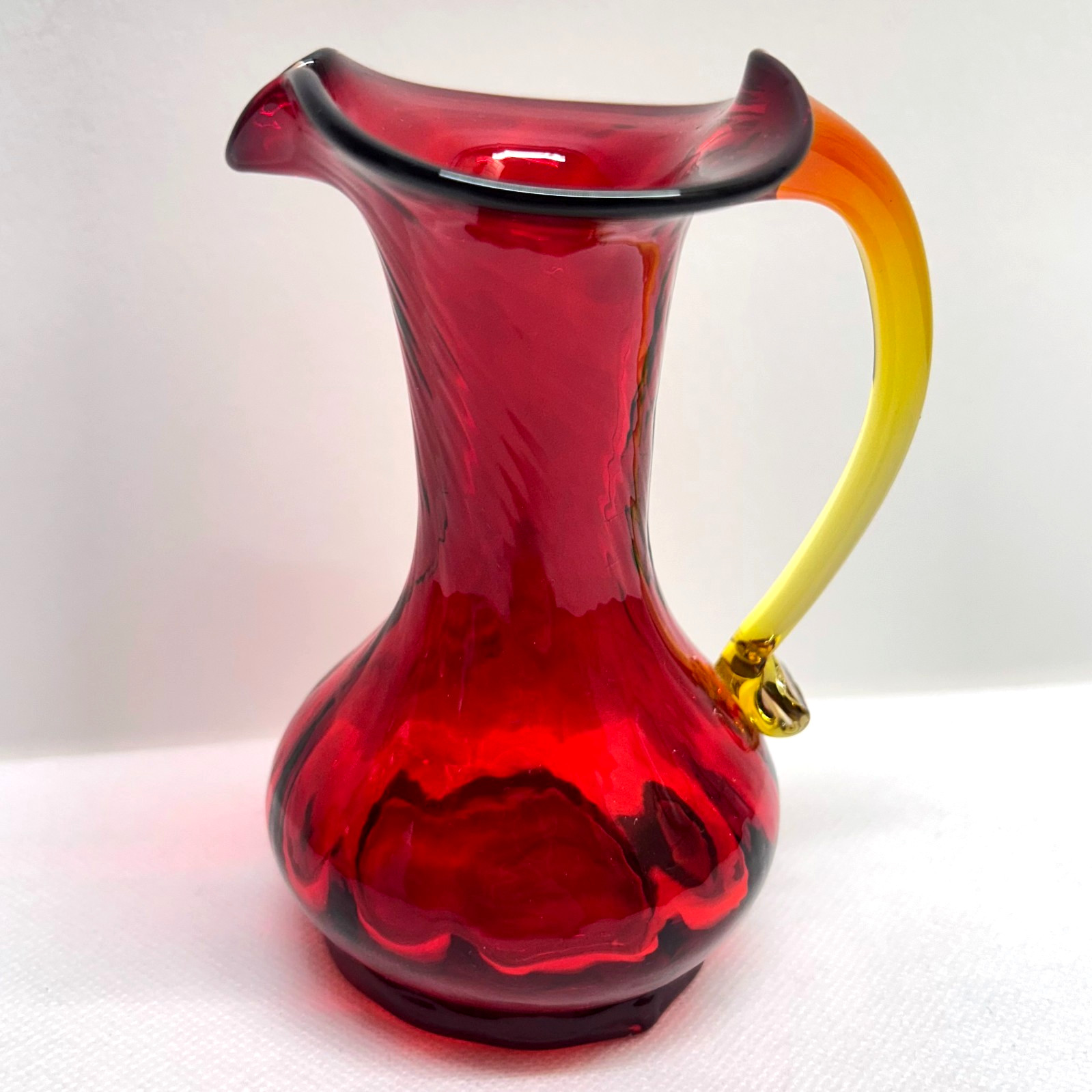 VTG Amberina Red Yellow Art Glass Ruffle Rim Creamer Pitcher Vase UV Glow 4.75\
