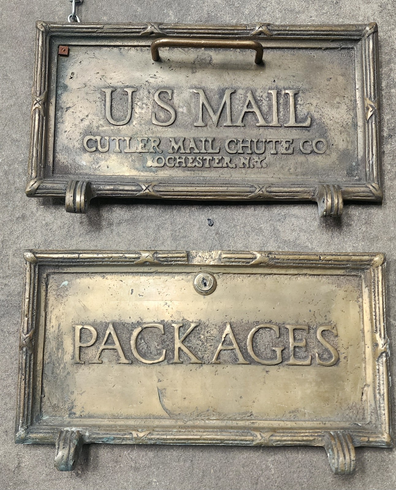 Antique Heavy Cast Brass Cutler Mail Chute Co. Collection Doors Pair US Mail 