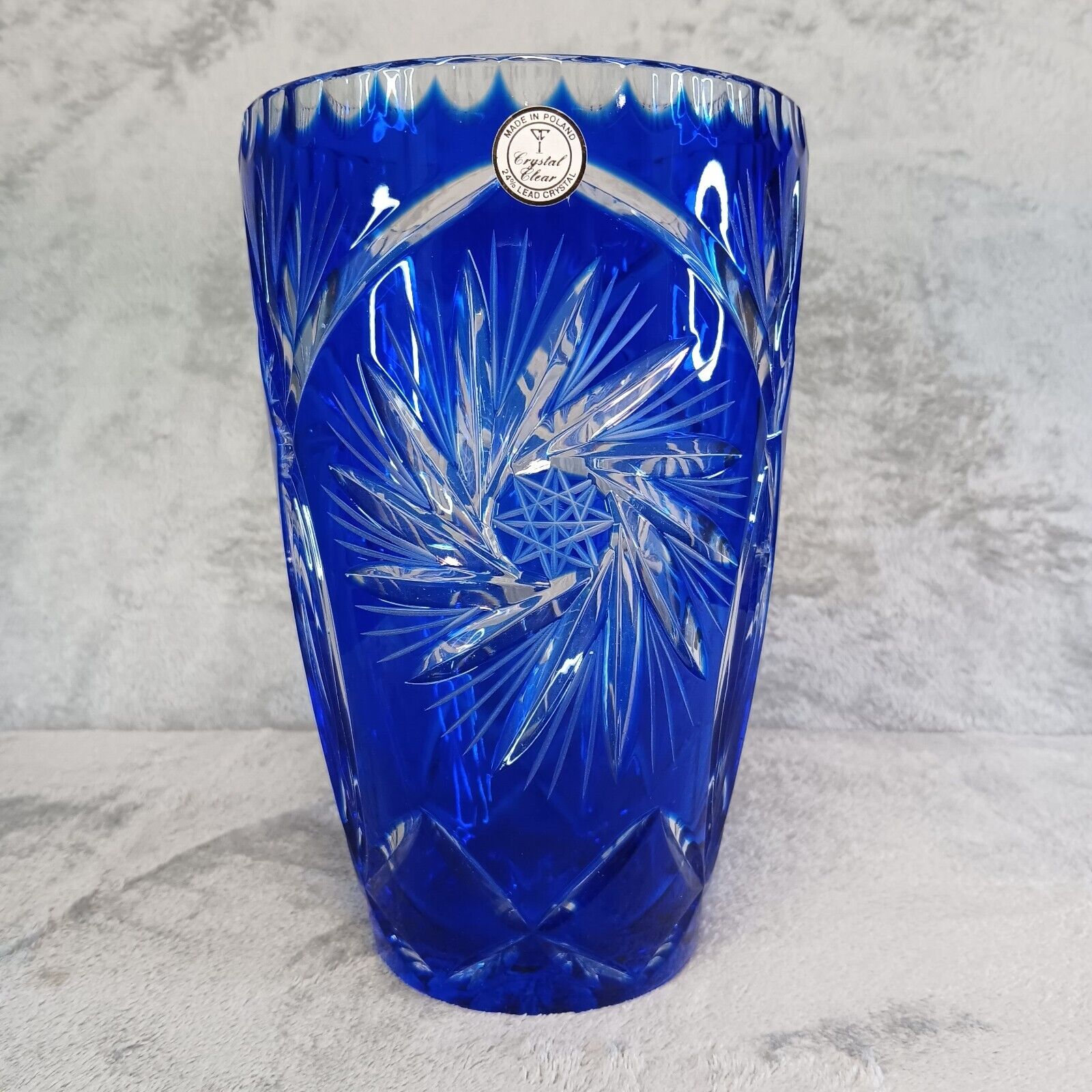 Crystal Clear Blue Chiseled Etched 24% Leaded Crystal Vase Made Poland Bohemian