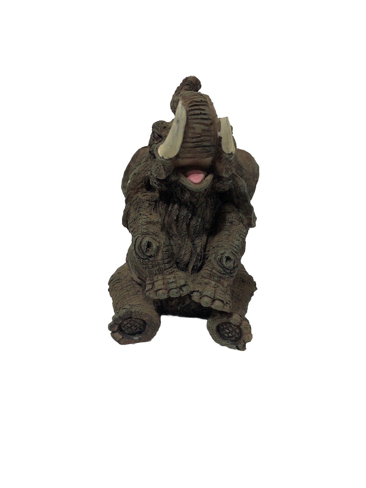 Elephant Sitting Figurine With Trunk Up and Beautiful Detail 4” Wood