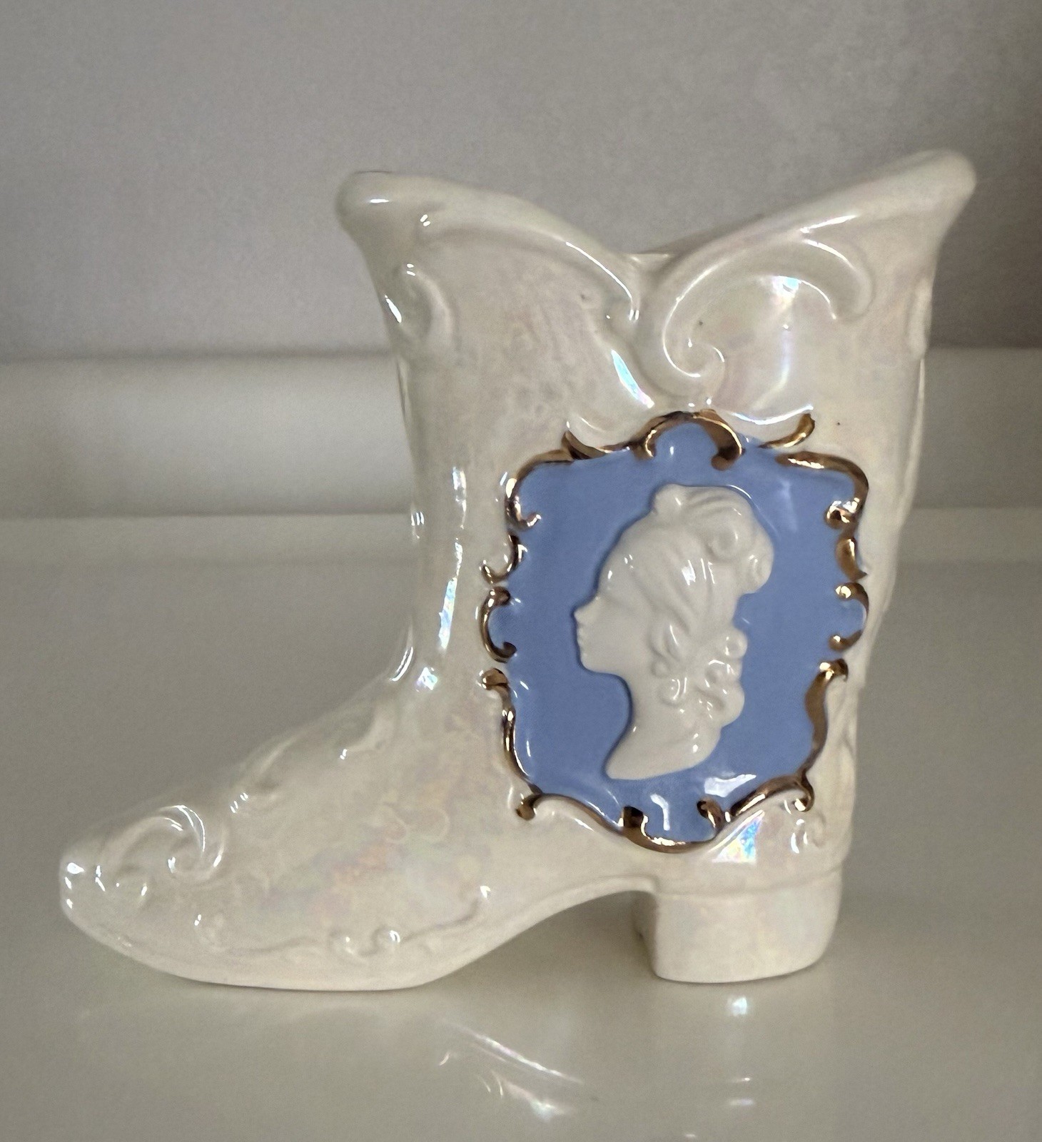 VTG Iridescent Blue White Victorian - Cowboy Boot Shoe Figurine Vase Porcelain