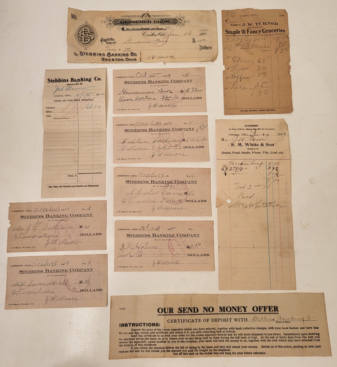 Antique 1909-1910 Creston, Ohio Store & Stebbins Banking Co. Paper Receipt Lot