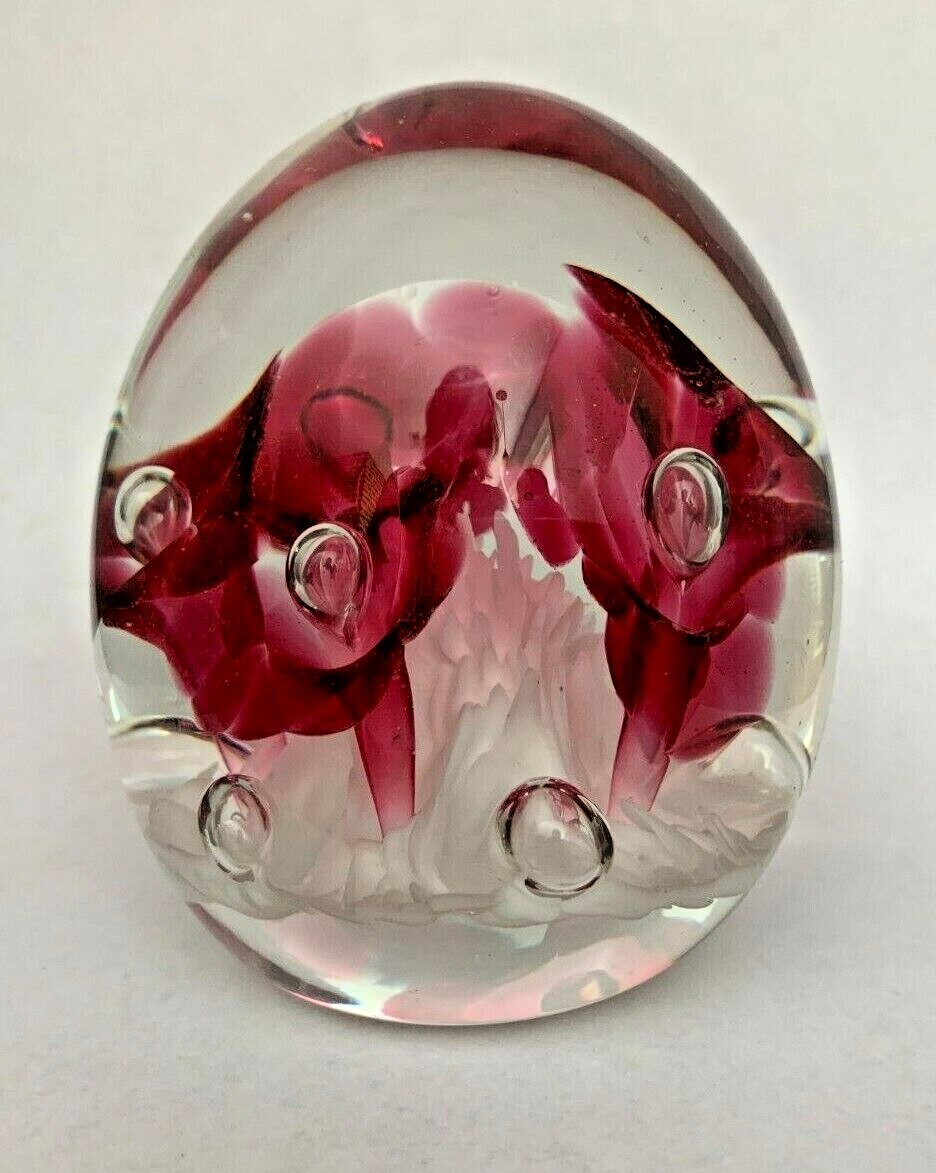 Paperweight Joe Rice Art Glass Cranberry Red Trumpet Flower Controlled Bubbles