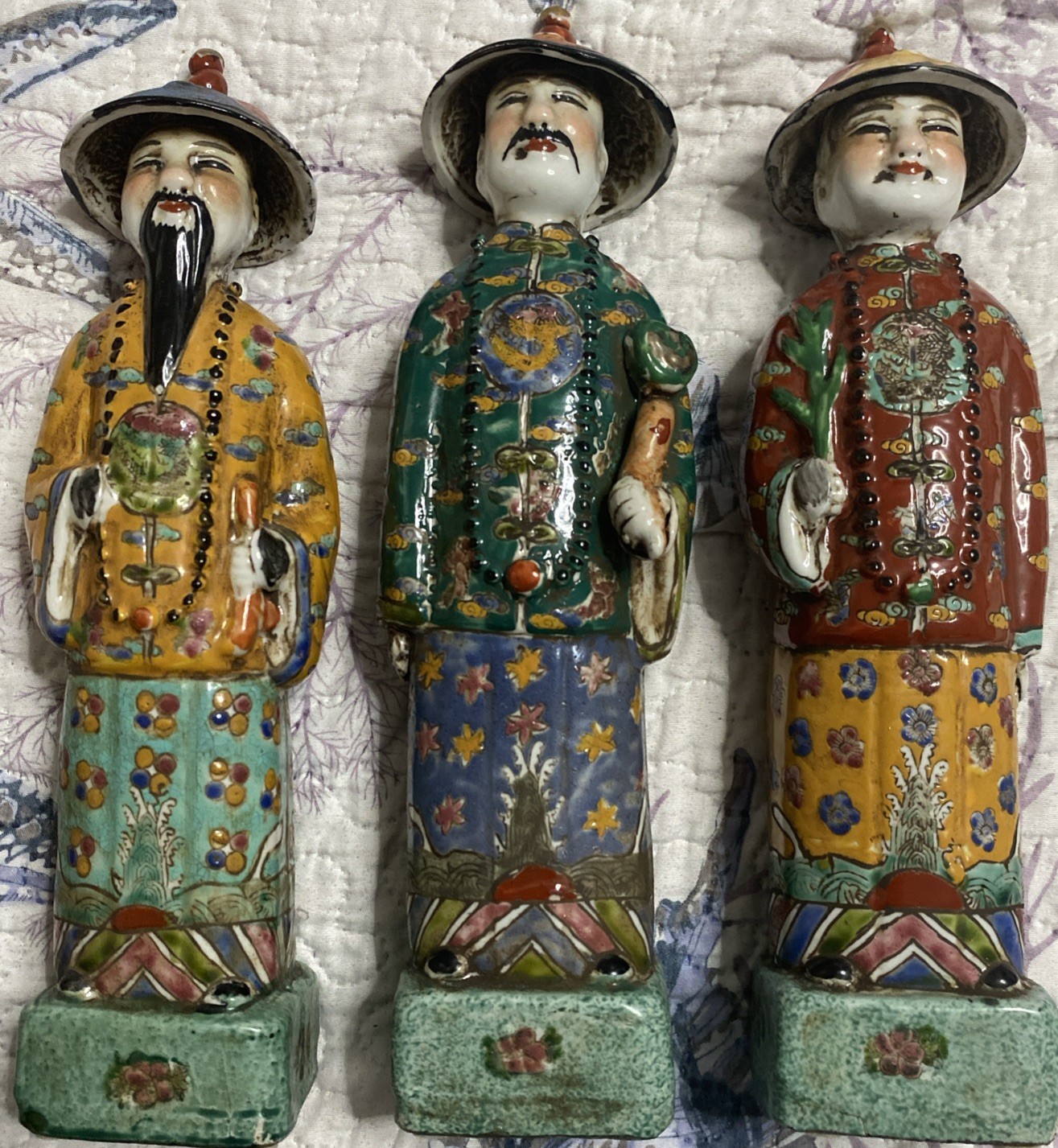 3- Vintage, Hand-Painted Polychrome Porcelain Figurines