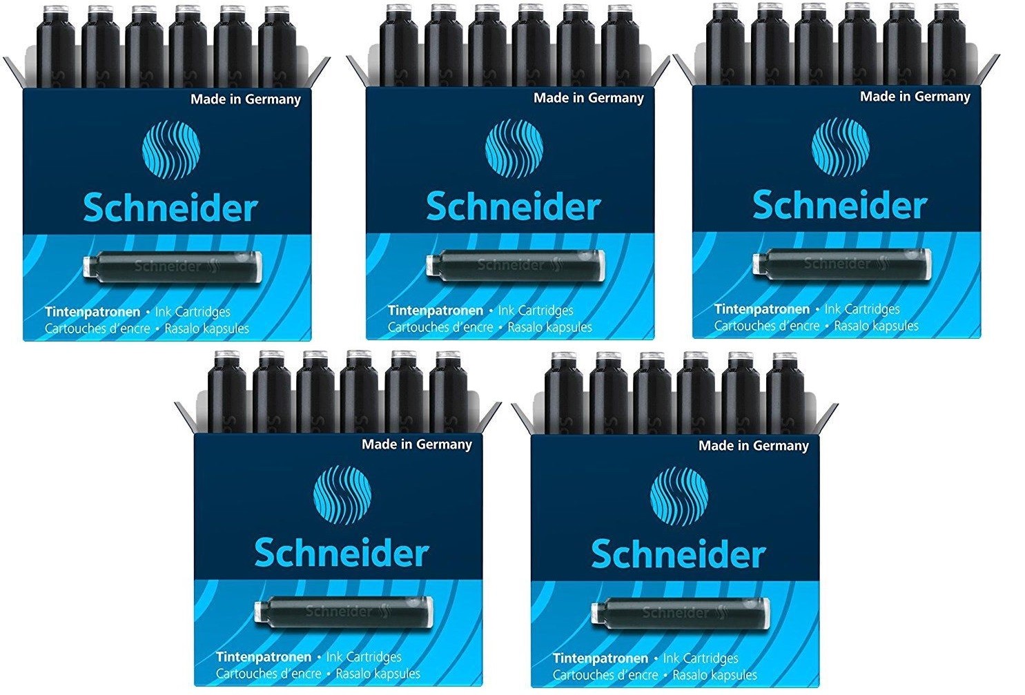 5 Boxes, Schneider Fountain Pen Ink Cartridges, Black, Made In Germany