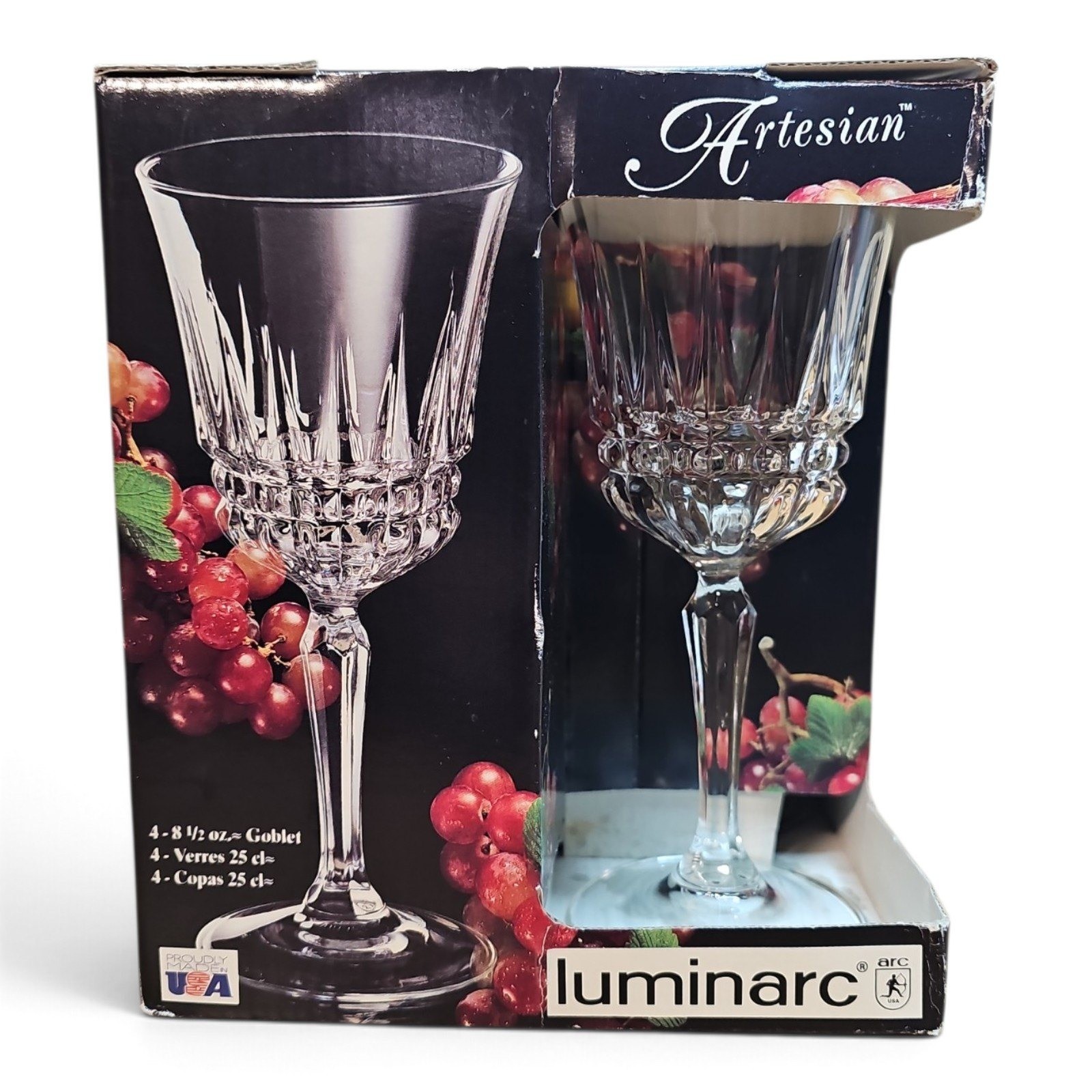Luminarc Artesian 8.5 oz Clear Glass Water Wine Goblets Stemware Set of 4 NIB