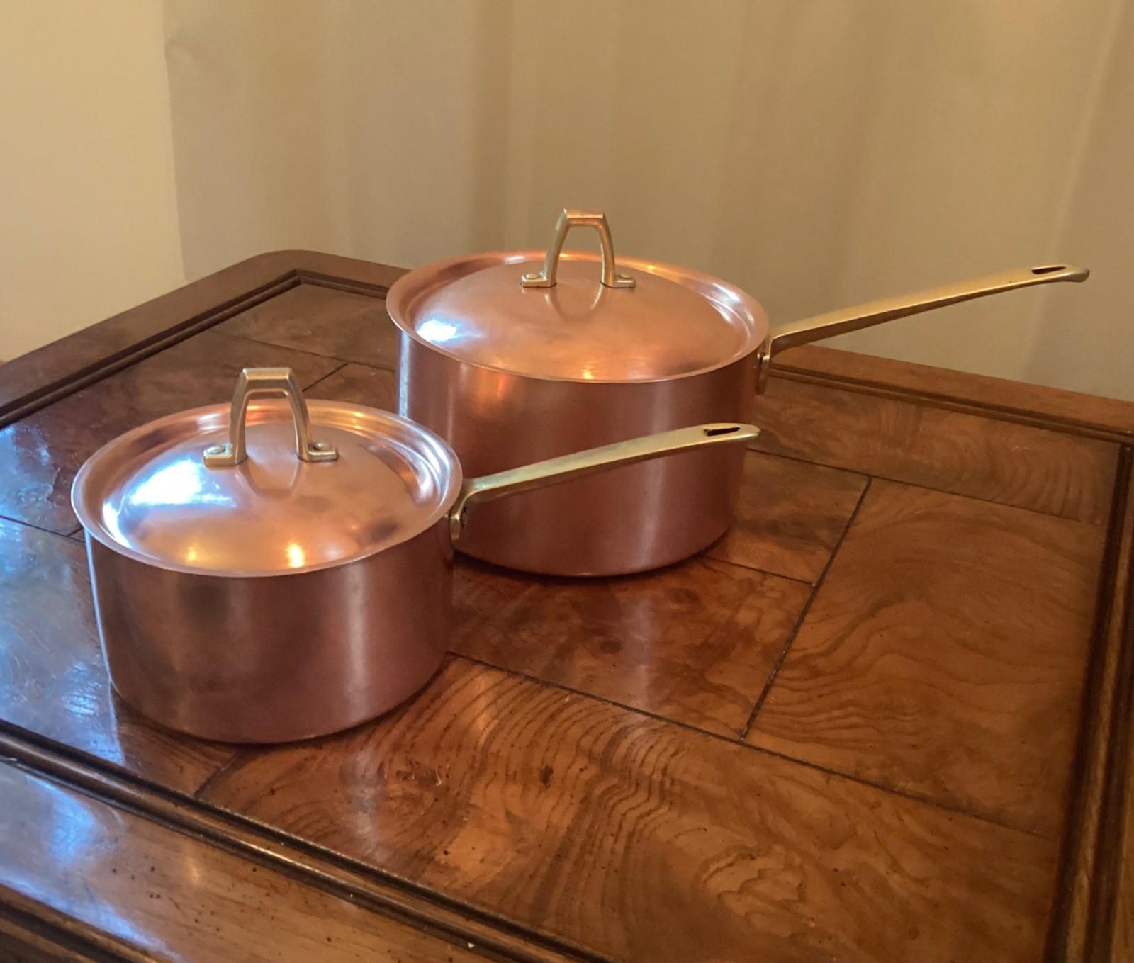 1801 PAUL REVERE WARE COPPER Pots SOLID BRASS HANDLE 1 qt and 2qt Sauce Pans