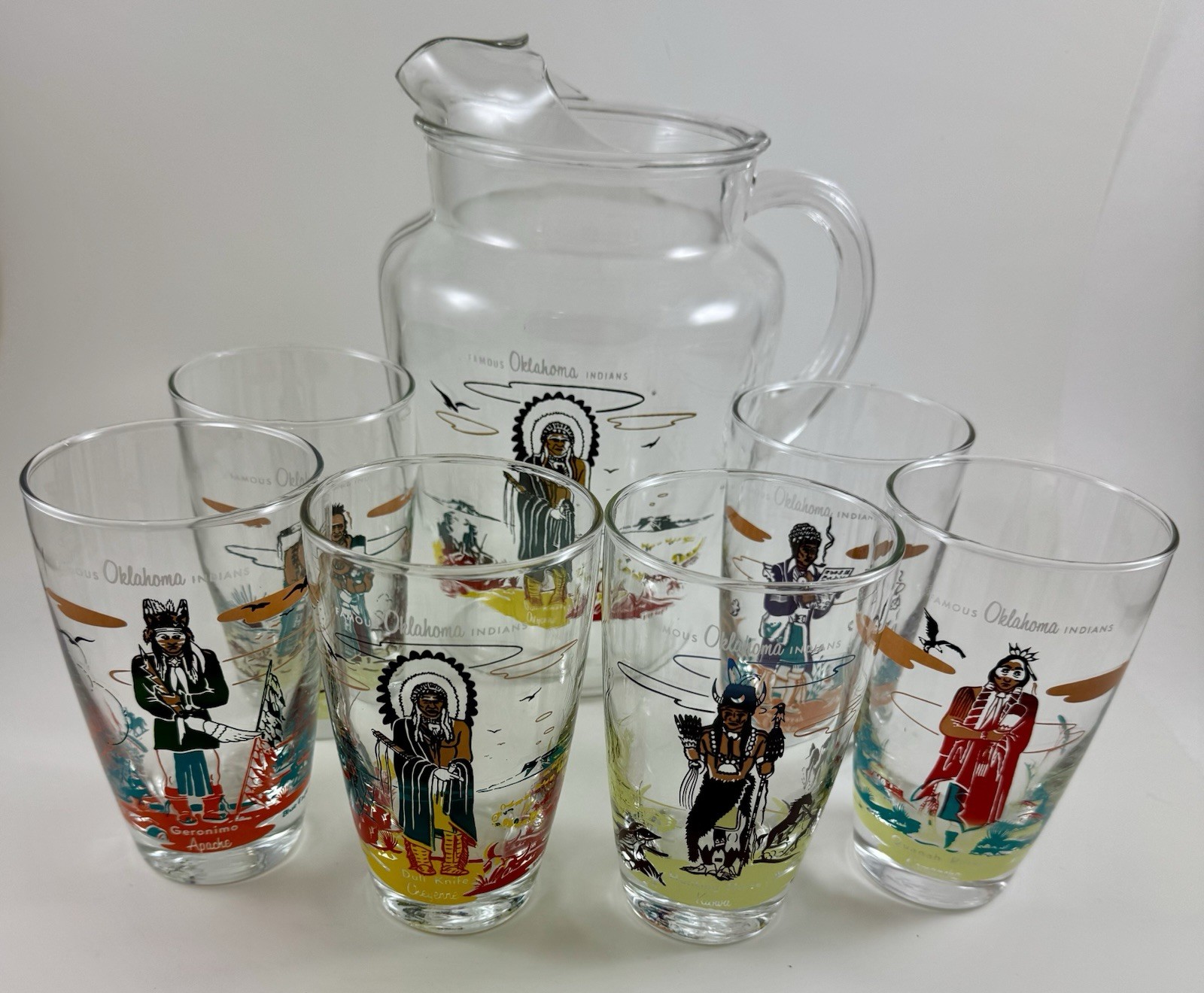 RARE CLEAR 6 Glasses & Pitcher Set Knox Oil Famous Oklahoma Indians Blue Eagle