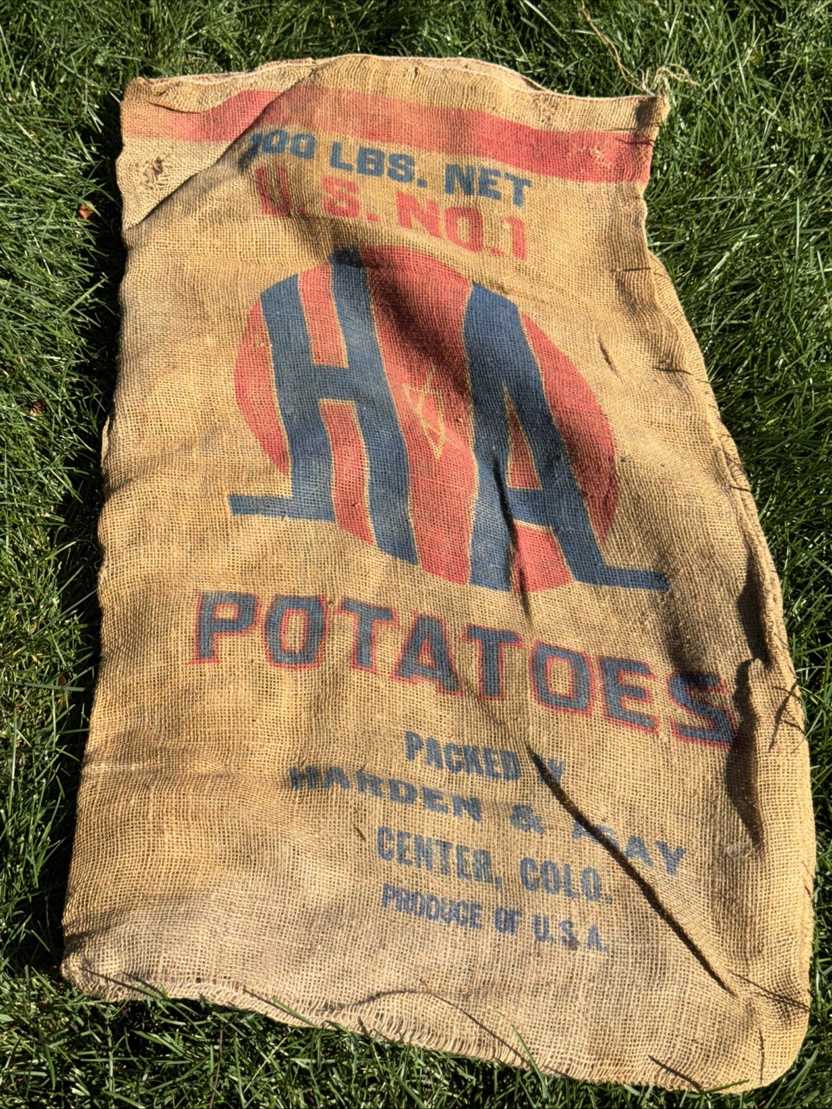 VTG Harden Asay H A Colorado Potatoes Burlap Bag 100 lb Gunny Sack Rare Antique VTG Harden Asay H A Colorado Potatoes Burlap Bag 100 lb Gunny Sack Rare Antique