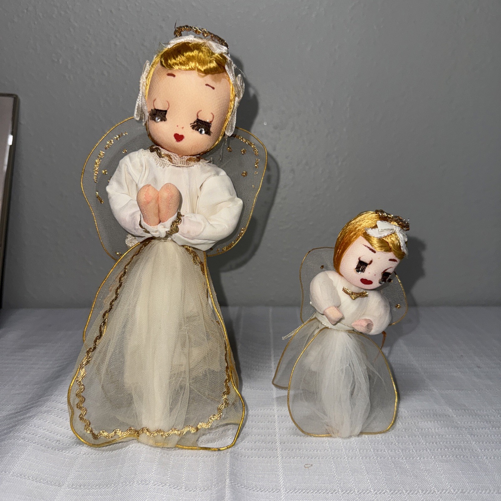 2 Vtg 50s Tulle Xmas Angel Tree Topper & Mini Standing Sleepy Diamond Tear Eyes