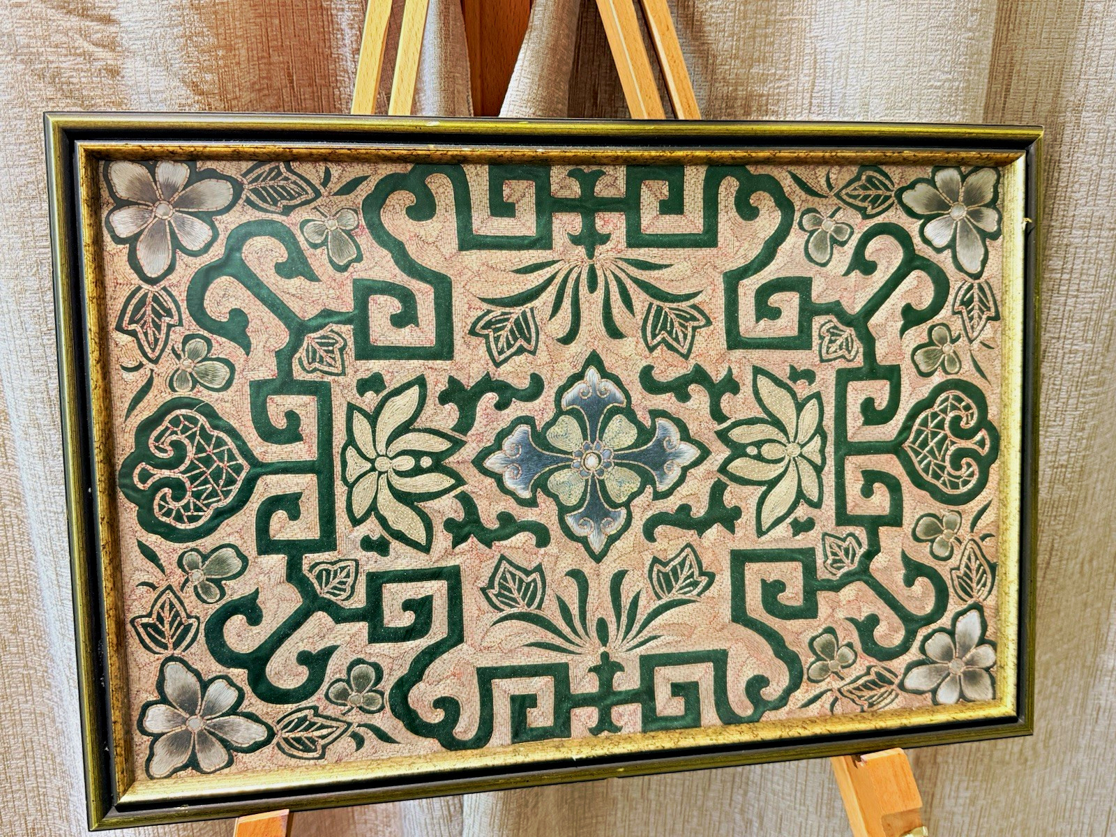 Framed Decorative Asian-inspired Floral Geometric Wall Panel Artwork