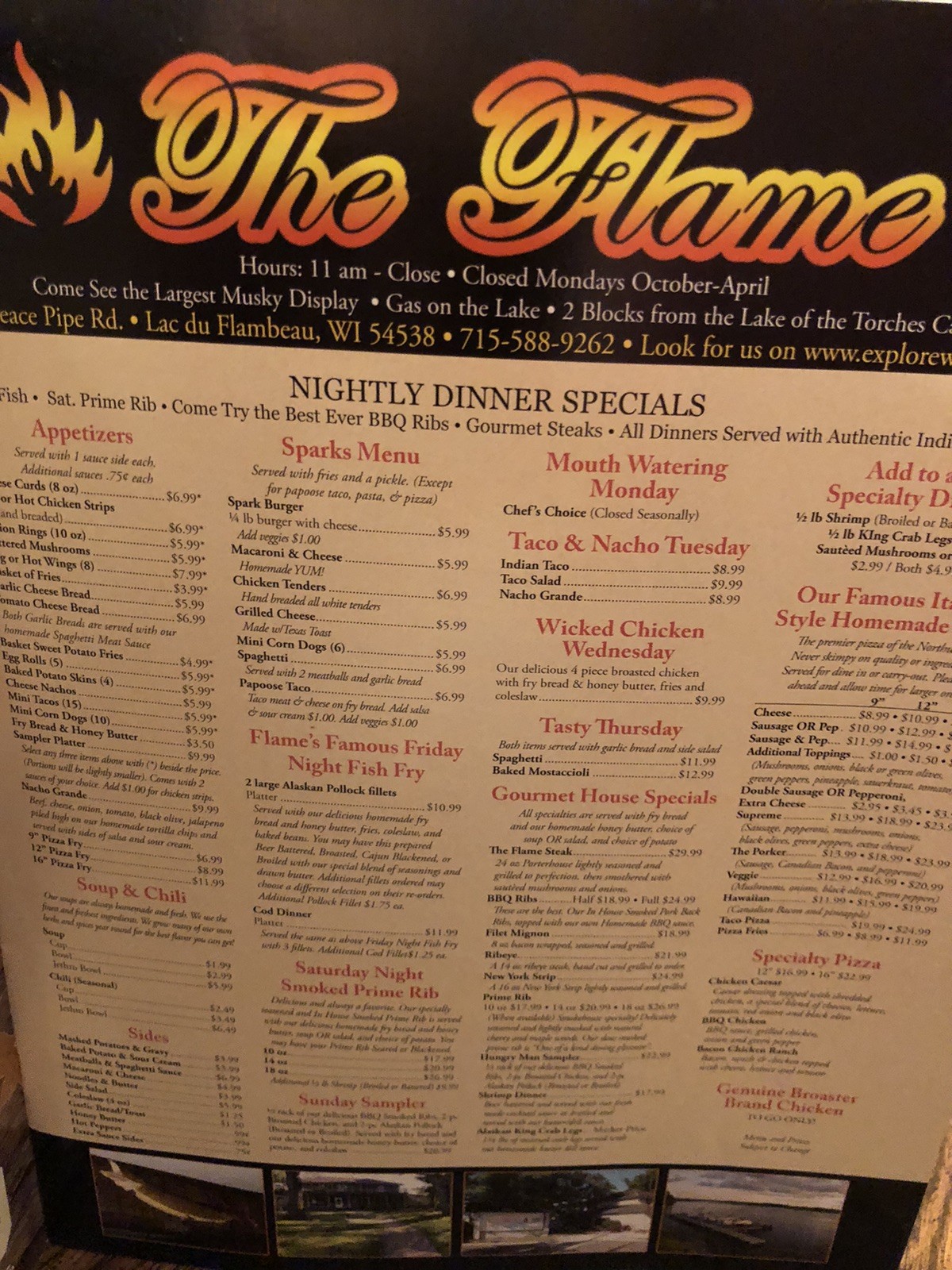 Wisconsin 2015 Lac Du Flambeau Restaurant The Flame Menu Magazine Ad Page 8.5x11