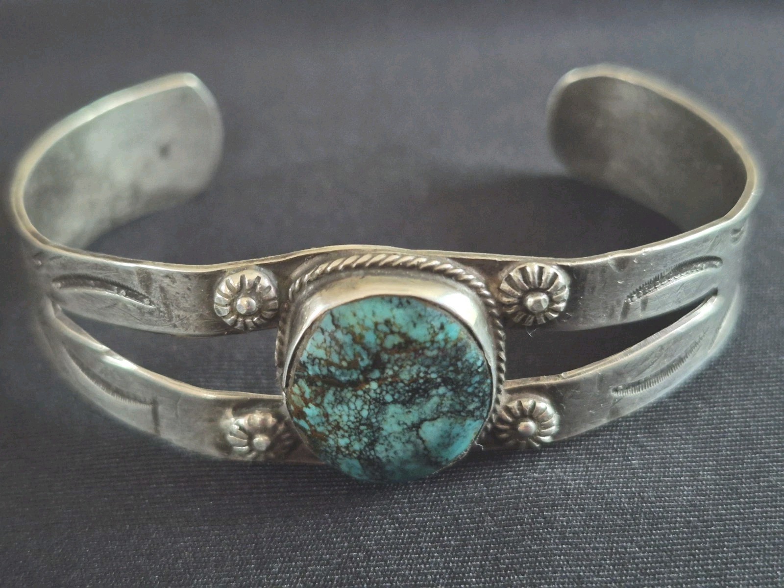 Antique Old Pawn Native American Natural Stormy Mtn Turquoise Cuff Ingot Silver