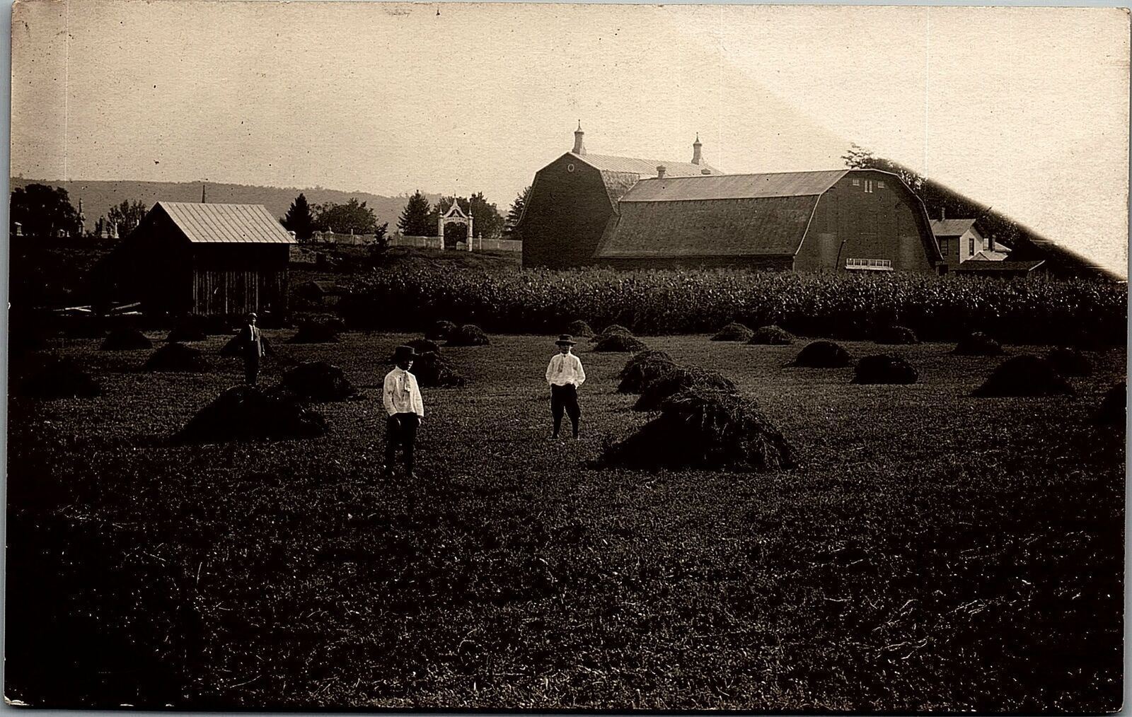 1910 TIOGA PENNSYLVANIA BOYS IN FIELD BARNS CEMETARY BEHIND RPPC POSTCARD 38-41