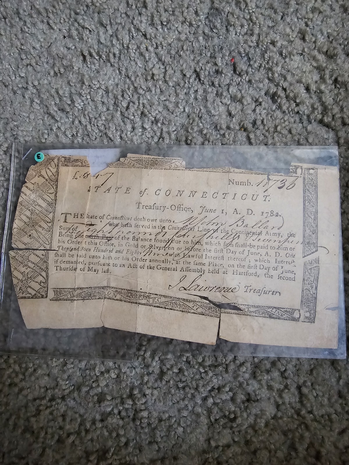(ORIGNALLY $300) 1782 REVOLUTIONARY WAR ERA CONNECTICUT MILITARY TREASURY NOTE