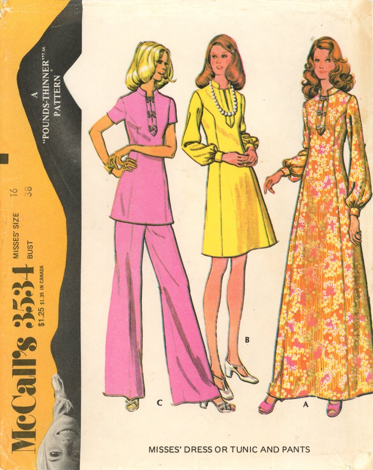 McCall's 3534 Dress & Tunic w Stand Collar, Frog Closure, Pants Sz 16 COMPLETE