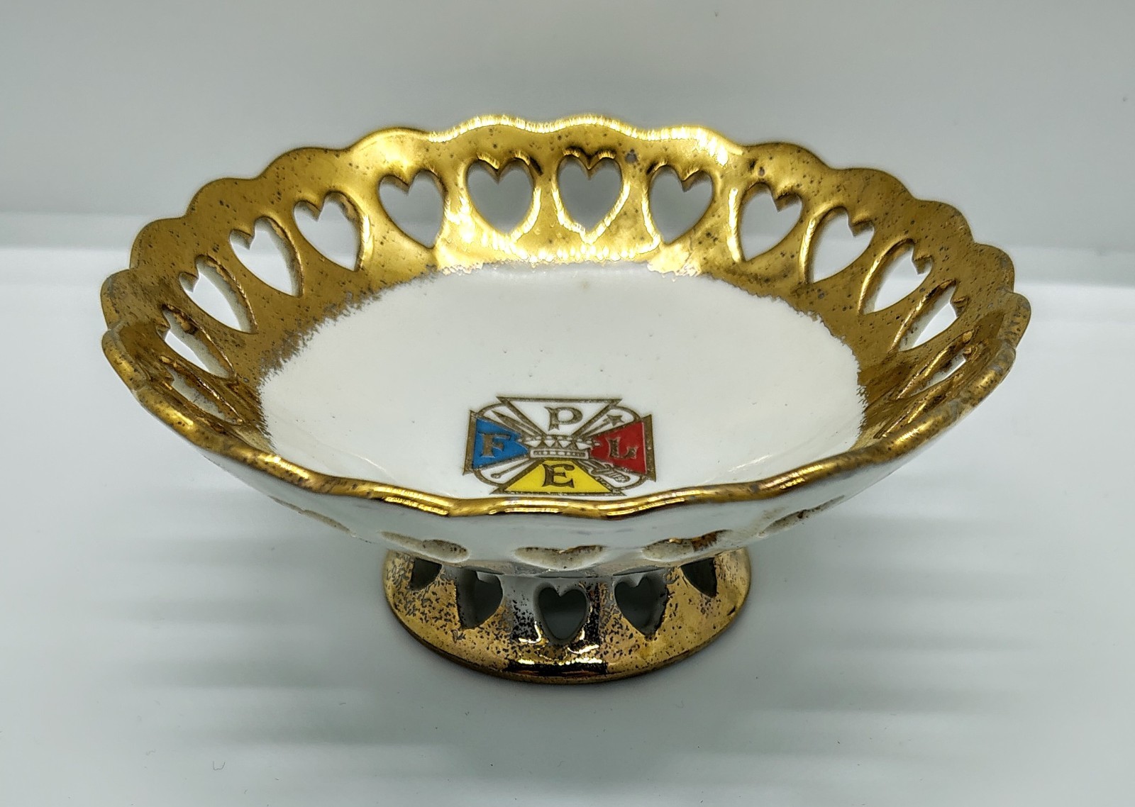 Antique Pythian Sisters Knights Of Pythias Porcelain Pedestal Trinket Dish Gilt