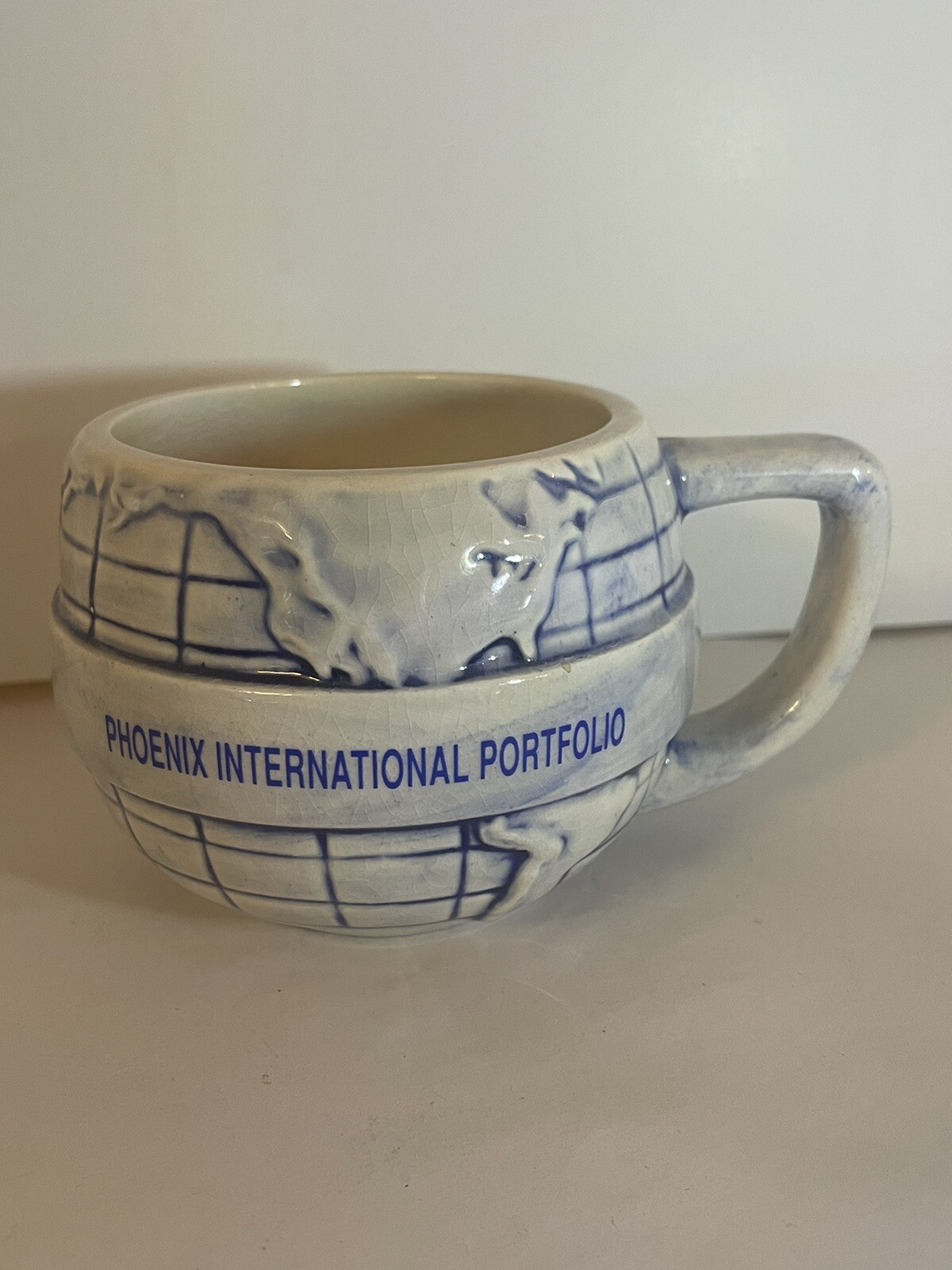 Vintage Phoenix International Portfolio Globe Promo Cup Mug Blue Crazing