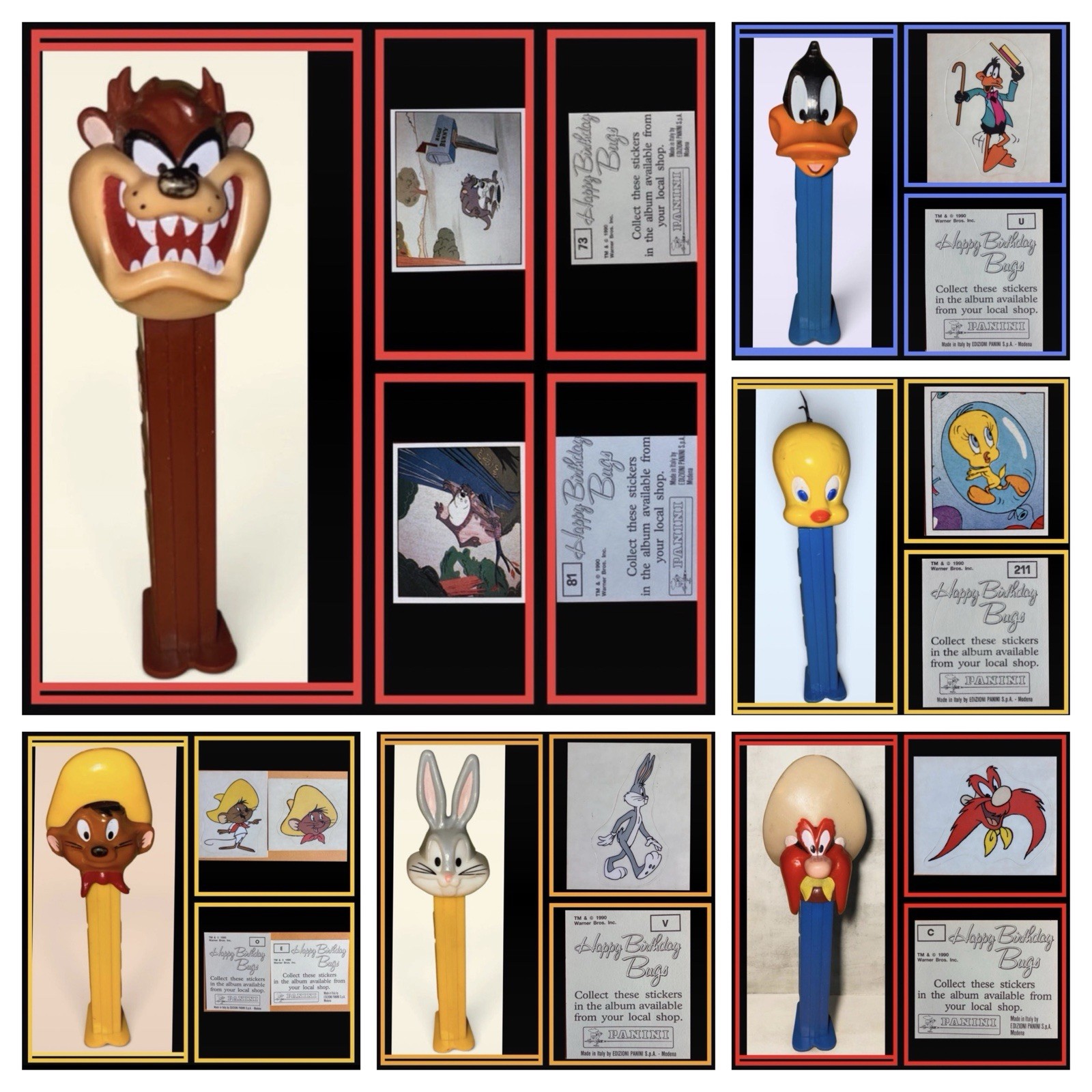 Vintage 1990 Looney Tunes PEZ Dispensers Panini Stickers Lot of 6 Warner Bros