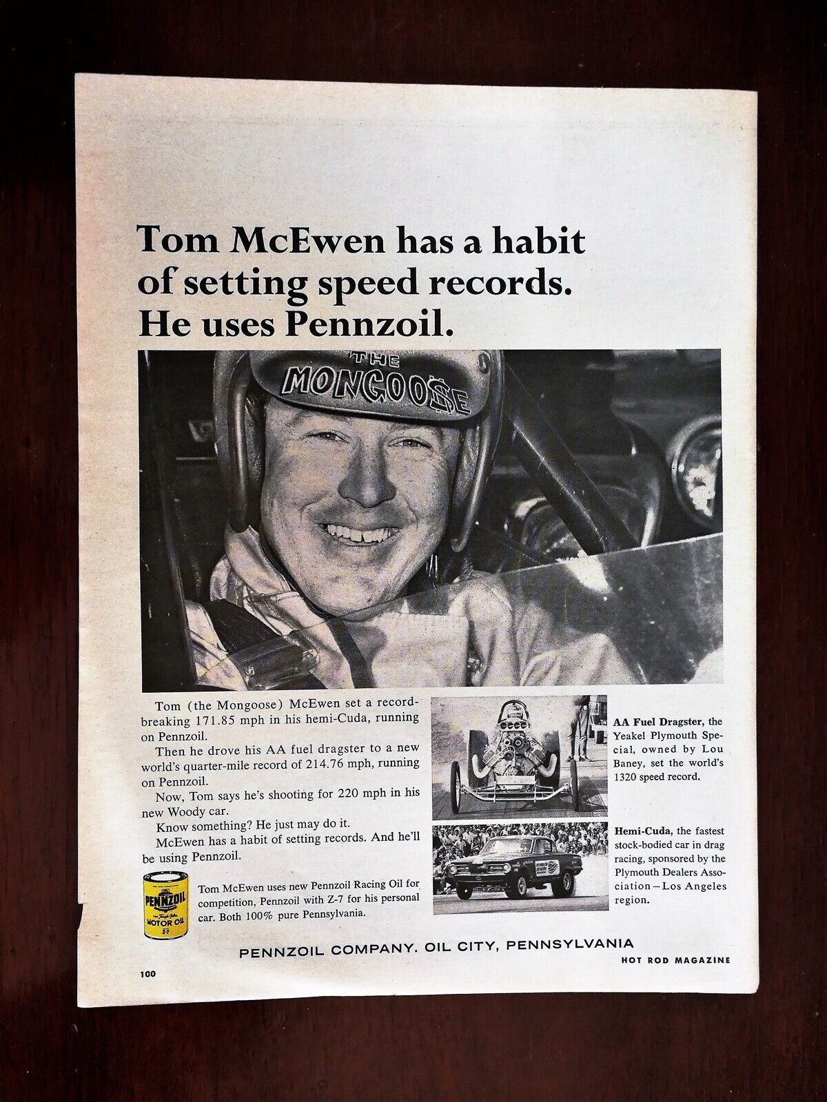 1967 Pennzoil Oil Company Tom The Mongoose McEwen Full Page Original Vintage Ad
