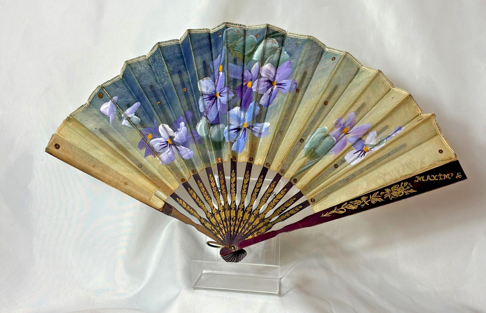 Vtg Maxim\'s Linen Folding Fan Painted Purple Pansies W/ Gold Sequins France