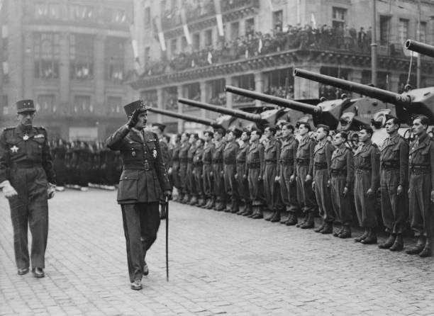French General Philippe Leclerc de Hauteclocque inspects a guard o- Old Photo