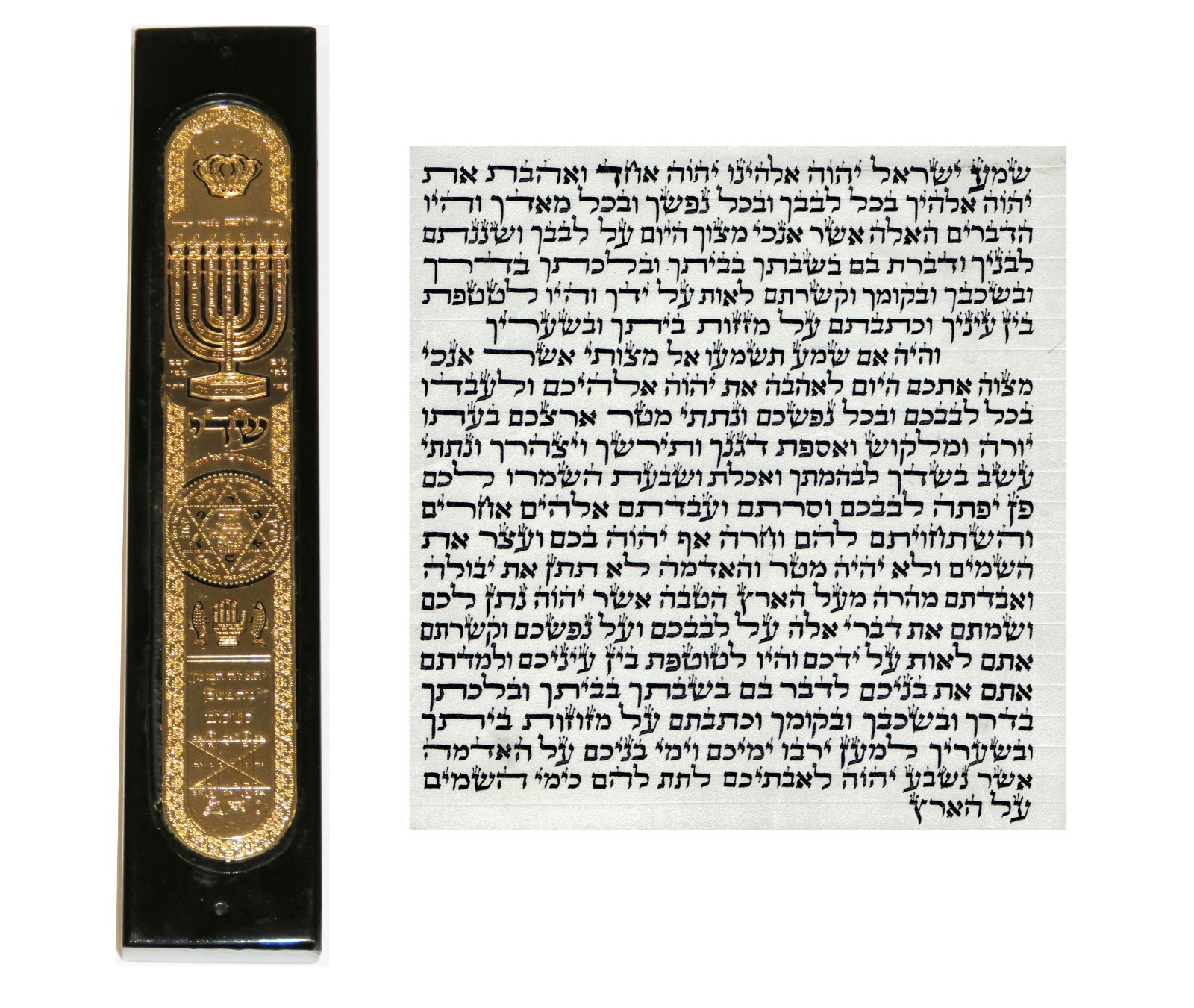 BEAUTIFUL MEZUZAH CASE KABBALAH AMULET & MEZUZAH PARCHMENT, 24k GOLD PLATED