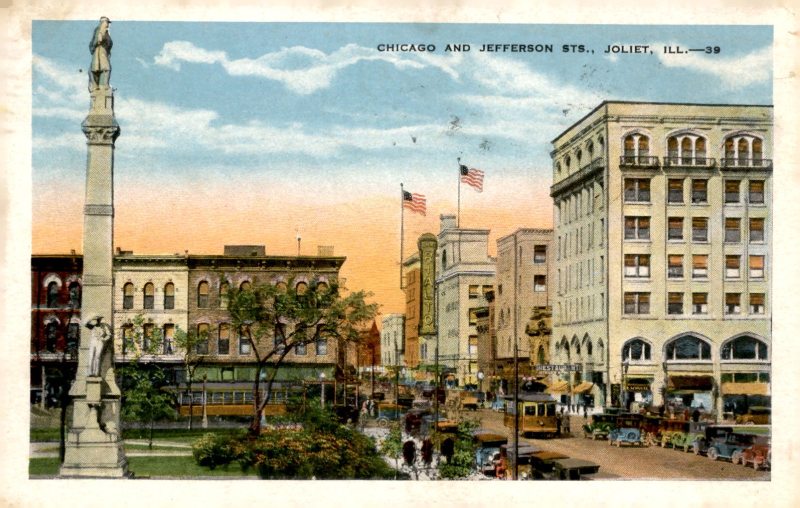 Chicago and Jefferson Sts., Joliet, Illinois, 1929 Postcard
