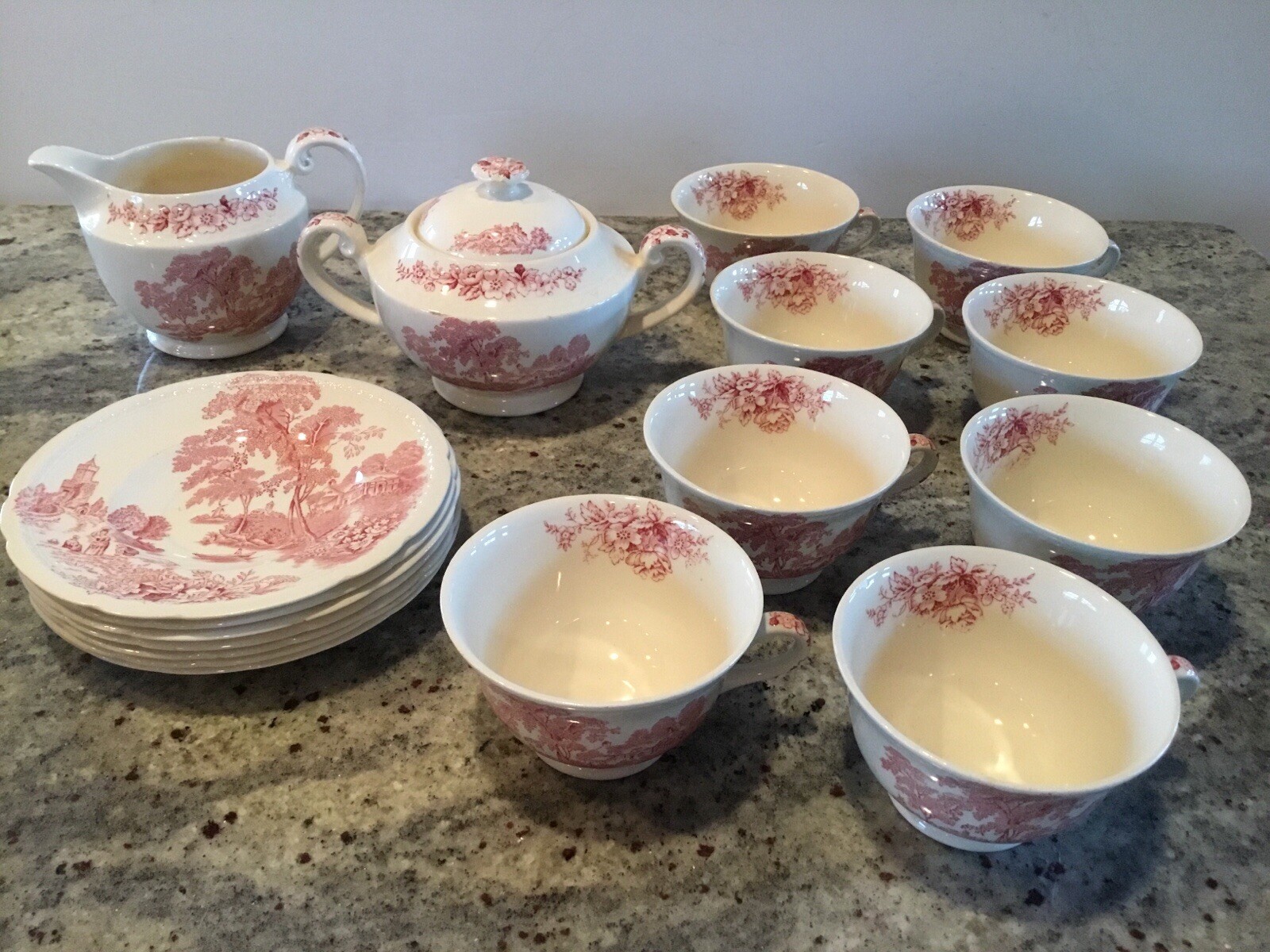 Vintage Swinnertons Staffordshire England “The Ferry” Red/Pink Tea Cup Set