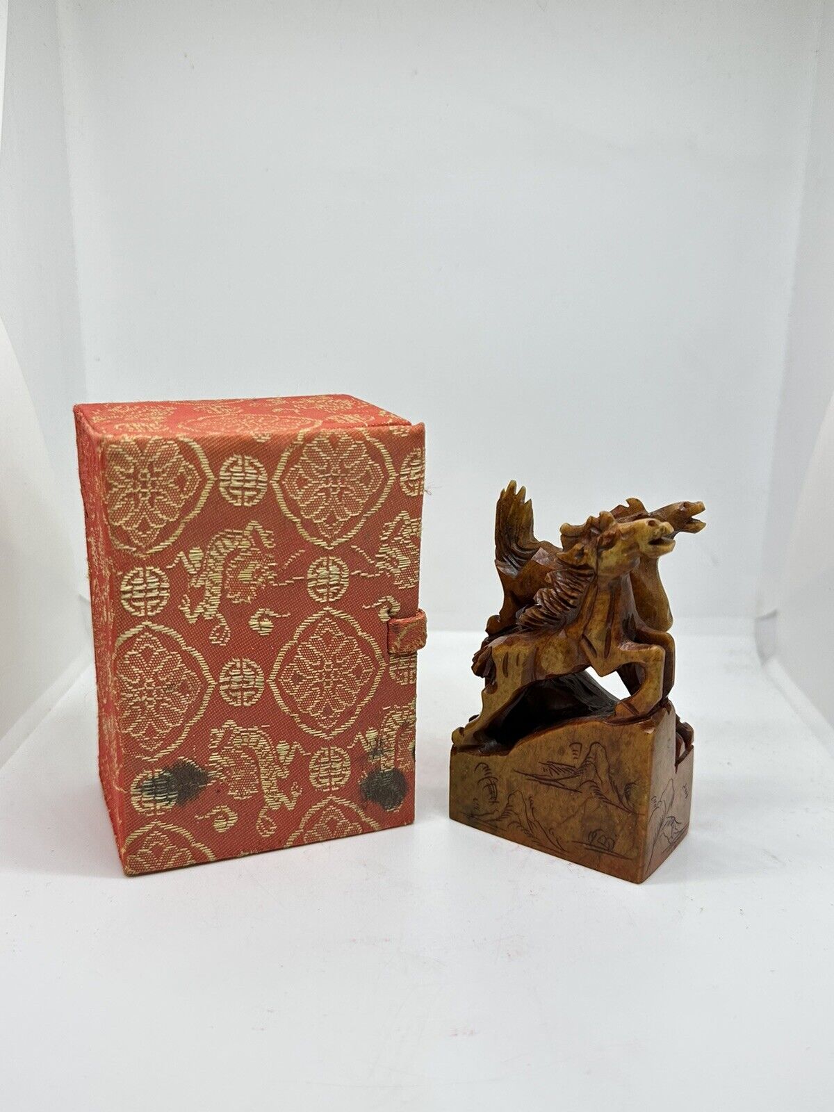 Horse Stone Seal ~ Chinese Ancient Double Horse Chariot Stamp Chop with Box