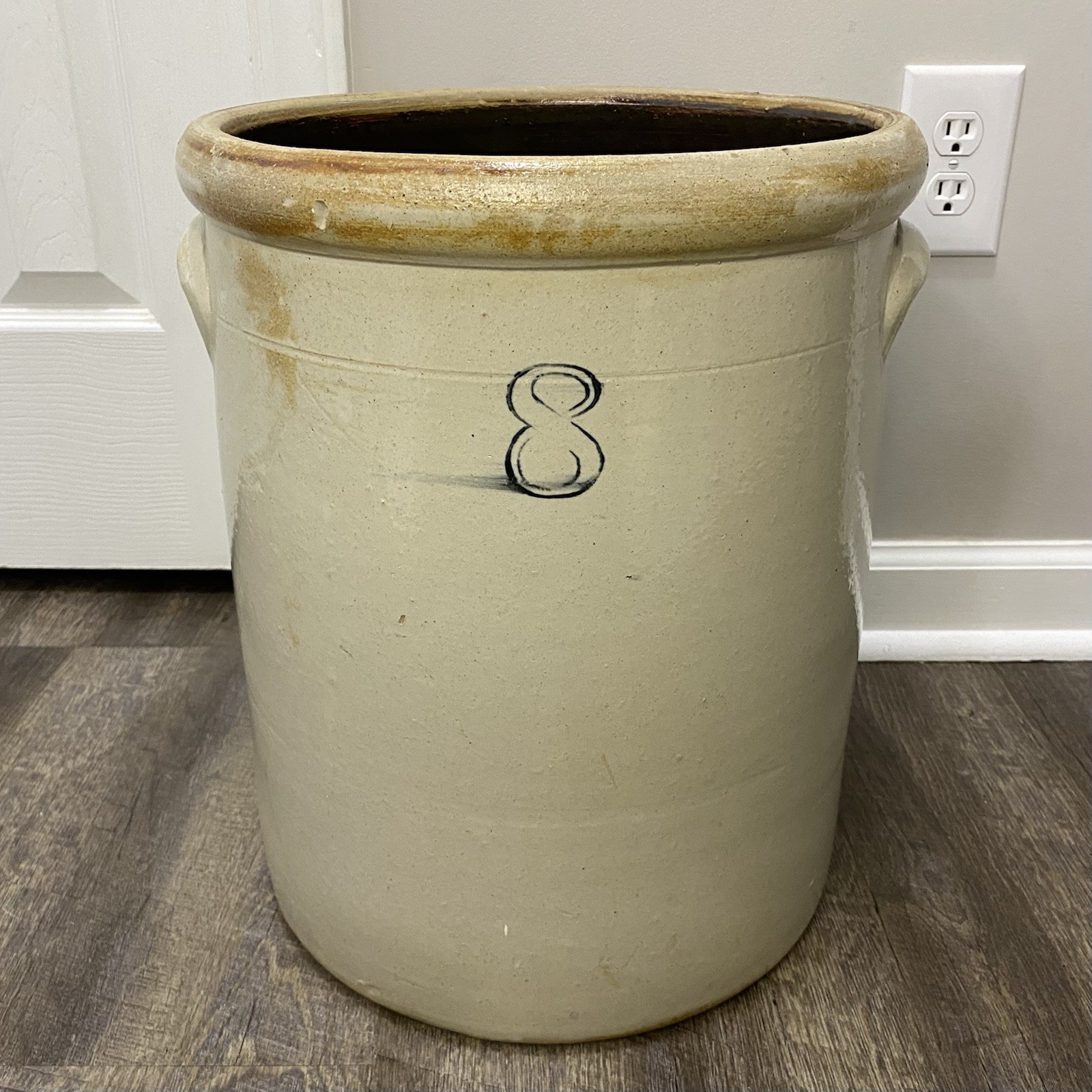Antique 8 Gallon Large Stoneware Crock 1880-1910 Cobalt Blue Salt Glaze Handles