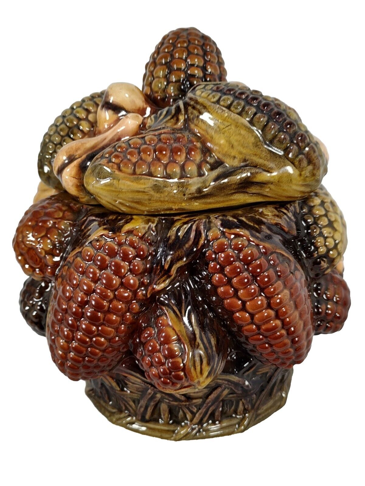 Inarco 1970\'s Indian Corn and Garlic Covered Cookie Jar Candy Dish Fall Harvest