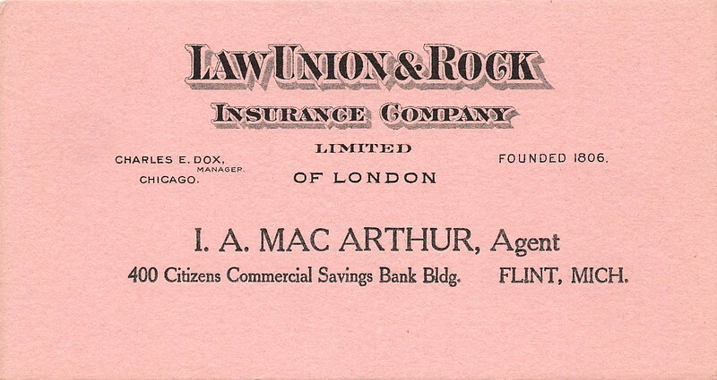 I A Mac Arthur Flint Mich Law Union & Rock Insurance Co advertising blotter I A Mac Arthur Flint Mich Law Union & Rock Insurance Co advertising blotter