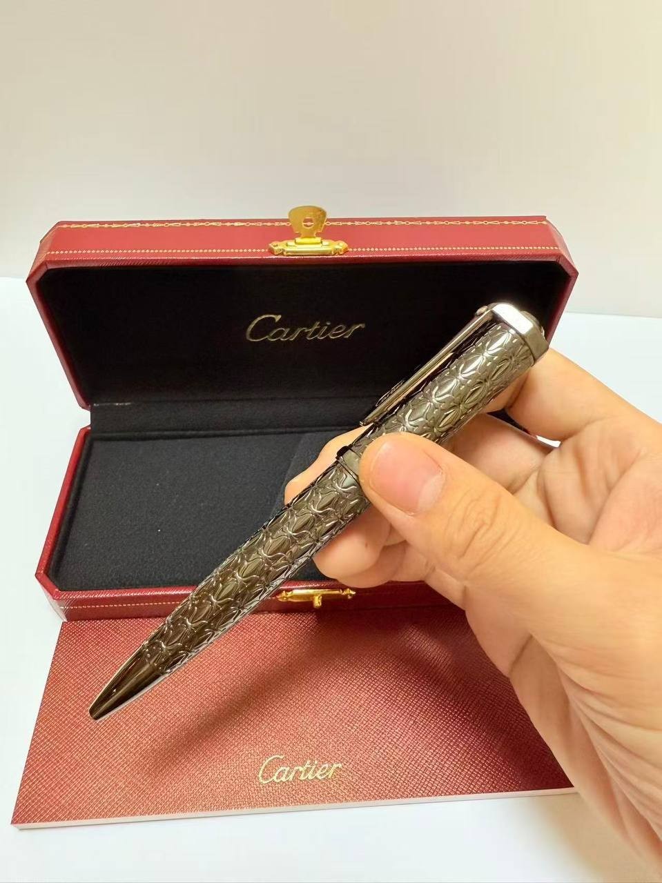 Cartier Gunmetal Engraved Ballpoint Pen Luxury Writing Instrument Red Gift Box N