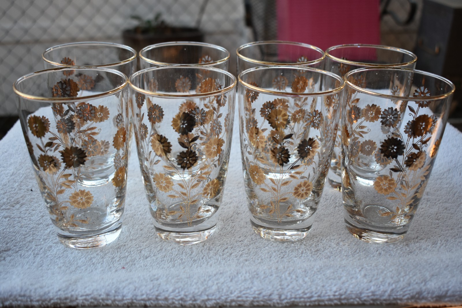 Libbey Vtg Mid Century Gold Floral Tumblers Gold Rim Set Of 8 MCM 5.25” Pilsner