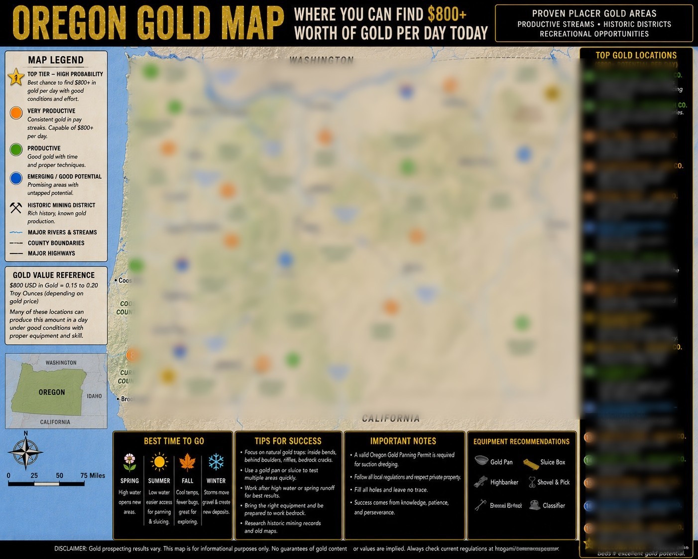 Current Map Where to Make $800 in Gold Daily Panning in Oregon & Make Big $