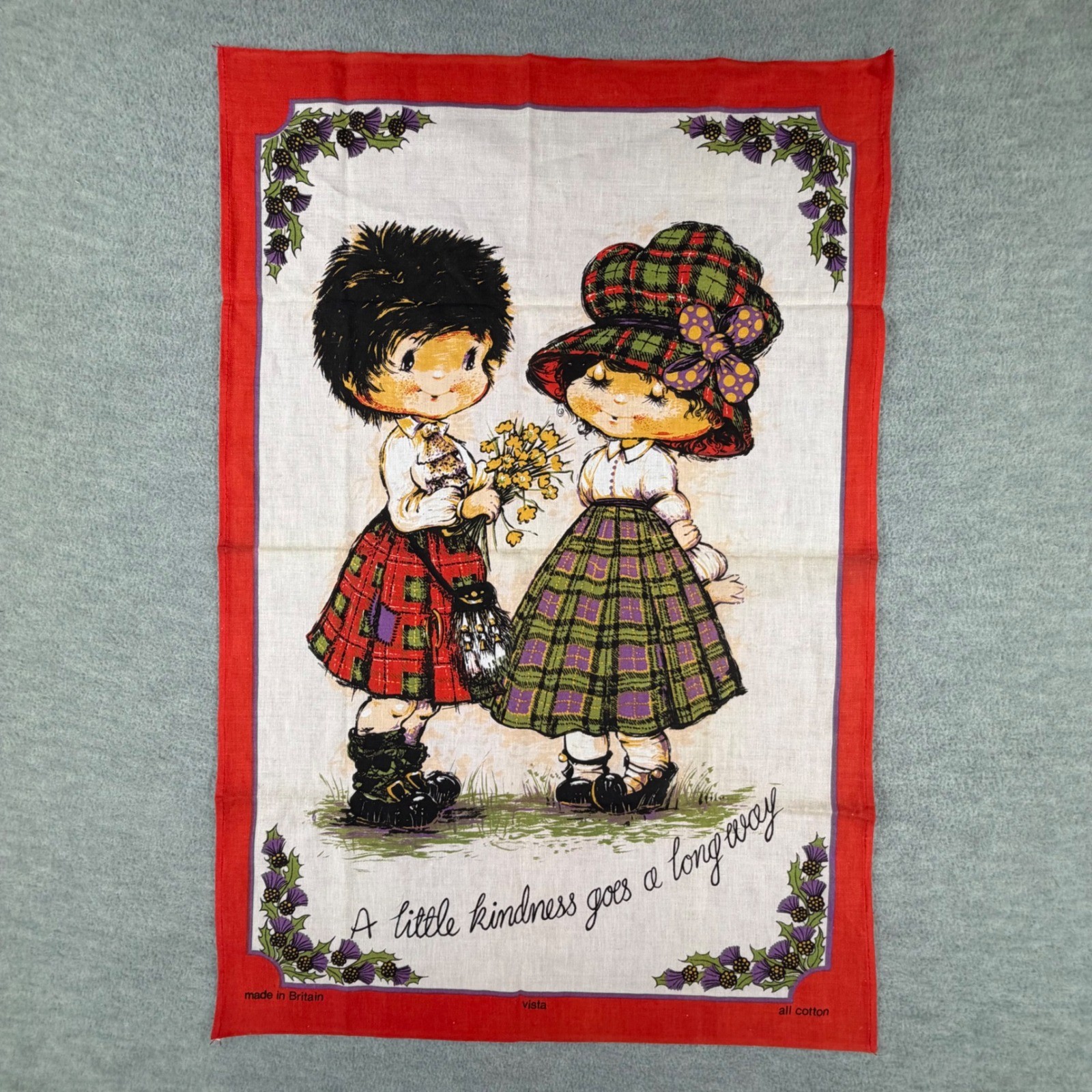 Vintage Vista Tea Towel Red Scottish Kindness Cotton Made in Britain MCM 1970 's