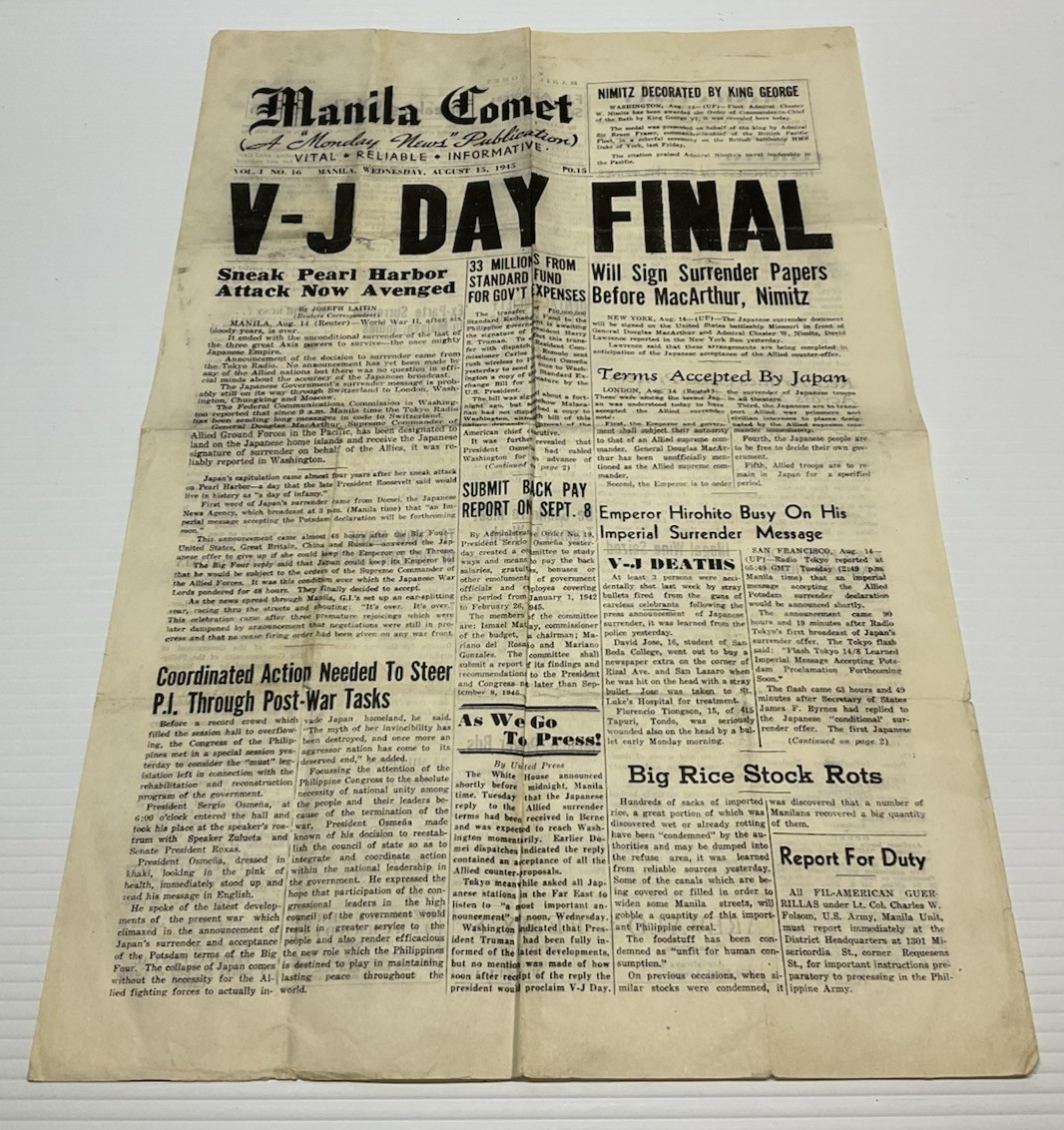 1945 Manila Comet A Monday News Publication V-J Day Final Newspaper Manila