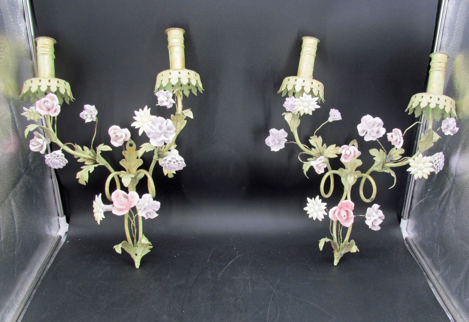 EHI Pair Old French Italian Tole 2-Branch Candle Sconces Porcelain Flowers 18\